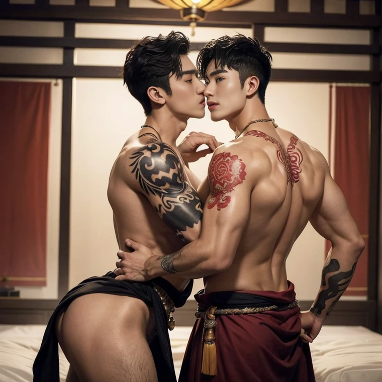 Two  handsome boys kissing, smiling at each other, catching eyes ,hugging, kissing, touching lips, cuddle, romantic,skin ship, Chinese Men God, Mythology, realistic, Chinese odyssy, super Handsome,manly,  kpop idol, handsome korean actor, 20 years old,, detailed face, manly jawline, manly chin, detailed mess curly styling hair,  Topless, Muscles, big chest Athlete body, Full Frame,full body shoots, Sexy, realistic, human skin, tattoo breast, Professional studio Lighting, long red tibetan Outfit, jade and golden pendent all over , detailed jewery in dress, earings,Chinese ancient temple Background,out door, super detailed background,look at camera ,  open mouth,  loincloth Underneathe Underwear, tibet Warrior, Hanfu  red wedding dress,  tibet Male, tibet Nobel, Seduce , bare chest , tattoo chest, tattoo arms, tattoo hands, tattoo back, tattoo legs , detailed tattoos, big juicy butts, bare butts