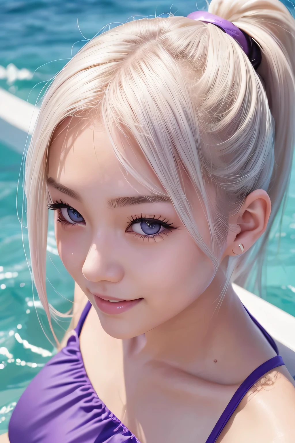 highest quality、Realistic、Women、Japanese、zoom、look up、cute、smile、Ocean、Purple eyes、Platinum Blonde Hair、ponytail、Swimwear、Face close-up、slender、Small breasts