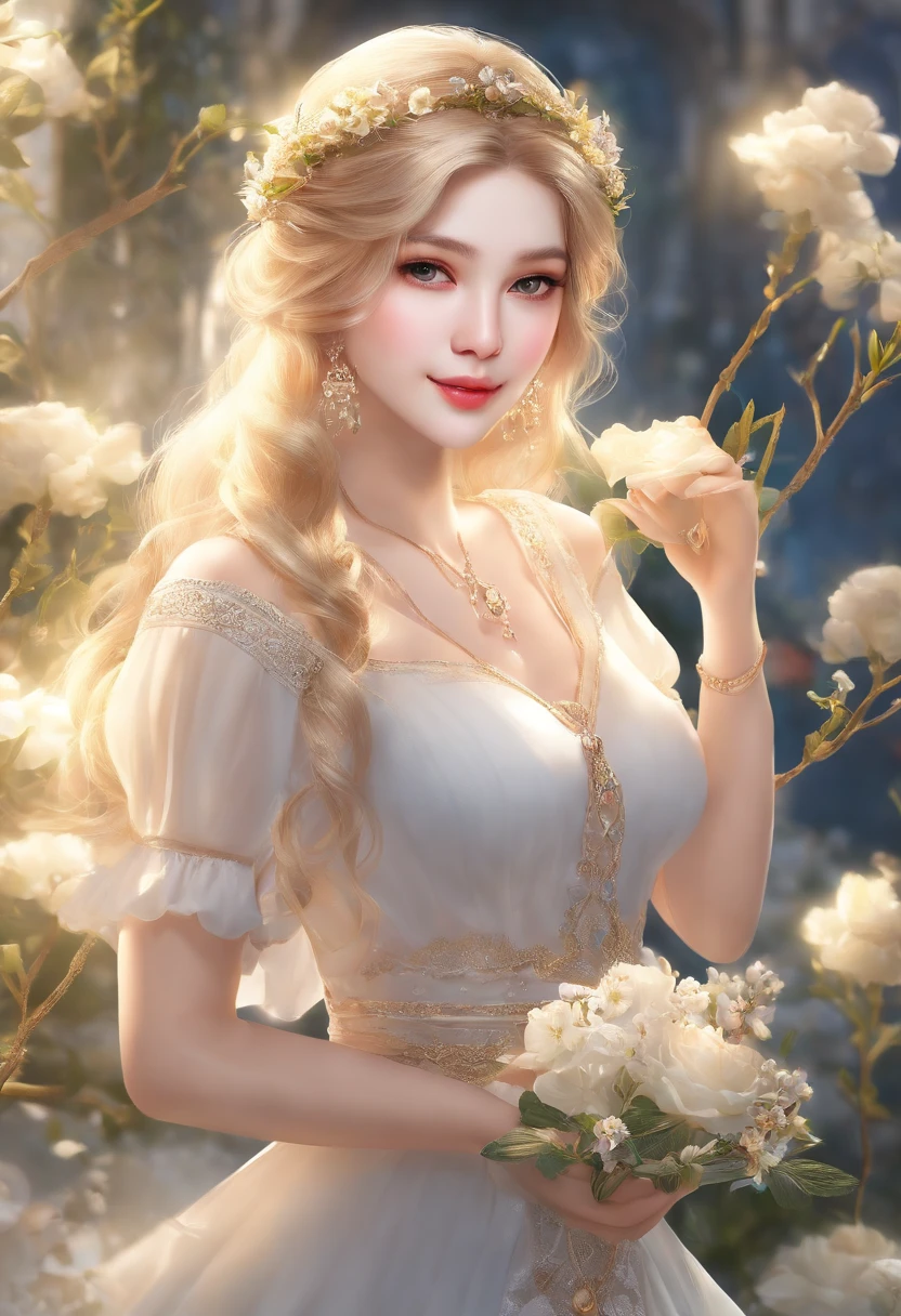 (masuter piece:1.3),exquisitedetails, Highest quality 8K resolution, Ultra-detailed, Realistic, Vibrant colors, Soft tones, With warm and gentle lighting,(Smooth straight blonde hair:1.2),(Hair parted in the middle:1.2),(Glowing hair),(Deep Blue Eyes:1.3),Garden Girl, White skin, hair clips, earrings, a necklace,(Agnes B-Shirt:1.3),(Barbary skirt:1.3),Smiling with tears in her eyes,With an overflowing soft and gentle feeling, Multiple Corner Turns,Visible emotions and specific emotions, I want to believe, Use illustrations,Long-haired beautiful girl fluttering in the wind,The promenade is full of flowers, Create colorful reflections.The sun's rays illuminate joy and pure love, Cast a warm golden glow on the girl's face. Their love is like a blessing from God, Free yourself from the hassles of this world. The atmosphere is full of happiness and laughter, It's like heaven、As if celebrating love. The artwork is、Create a combination of digital illustrations and photos, Sticking to ultra-detailed depictions and vivid colors. In a style that blends romanticism and realism、You can feel the depth of love. The color palette consists of soft pastel tones, Create an ethereal atmosphere like a dream. and the lighting is soft and diffused, Shine a gentle light on your face,、The warmth of the hug increases. The artwork is a masterpiece, Meticulously crafted to capture the essence of an unbreakable bond.