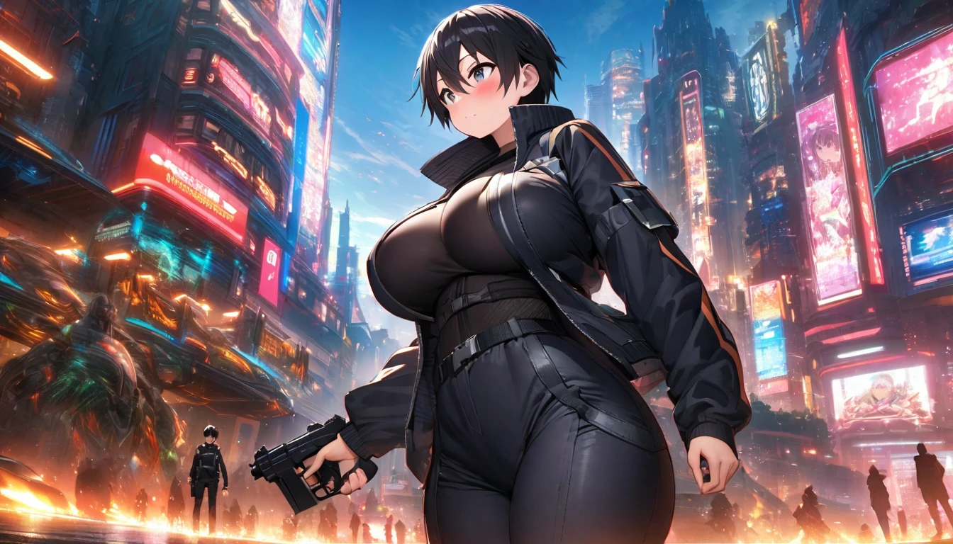 Kirito, Gun Gale Online Black Swordsman Outfit Overturned Jacket Black Shirt Silver Breastplate, blush, Super huge big breasts breast enlargement A person with purple eyes standing in a sci-fi city full-body shot Looking at the camera and smiling full-body shot Illustration, ultra-detailed, HDR, vibrant colors, soft lighting