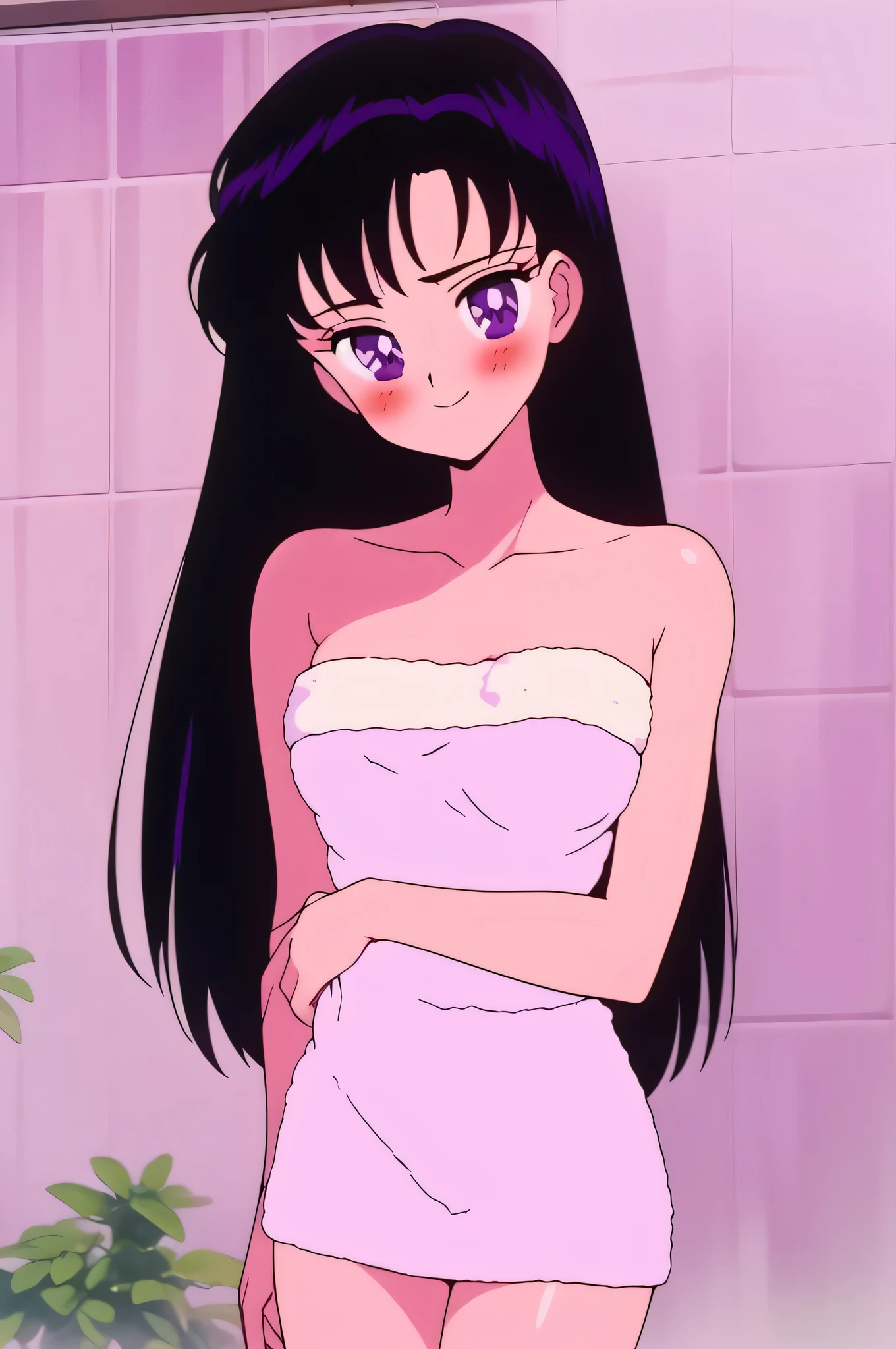 masterpiece, best quality, Amazing, finely detail, 1 girl, solo, Rei Hino, long black hair, purple eyes, ,blush, happy, medium breast, looking at viewer, indoors, bathroom, tiles, tile wall, collarbone, wet, pink towel, naked towel, arms crossed