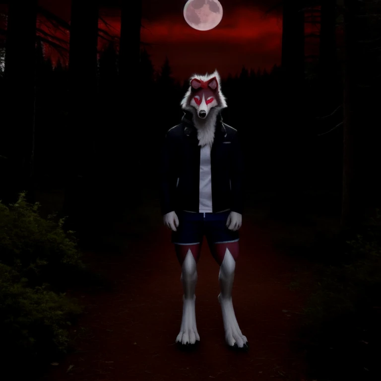 (artwork), photo of a real life, detailed eyes, MidnightLycanroc, feral, pokemon, fur, tuft, red eyes, full body, red moon, volumetric lighting, in forest, full body, wolf, muscle, wear jacket, wear shorts