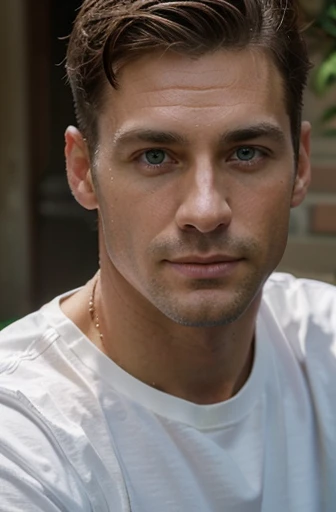 handsome 40 year old desirable caucasian man with distinguished features, enthusiastically playing the drums, wearing a white tee shirt, athletic build, tall height, light brown medium length hair, clean cut haircut, (shaved face), (intriguing green eyes), seductive smile with a gentle expression, detailed depiction of facial features, perfectly symmetrical face, crisp details, ultra-fine rendering, concert lighting which masterfully accentuates his excellent features,