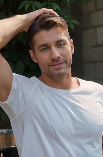 RAW photo, (male focus), a closeup portrait photograph of model man, muscle man, sharp jawline, very short hair, brown hair, standing outside, italian city in the background, posing, smiling face, grey t-shirt, black jeans, with a smirk 8k uhd, dslr, soft lighting, high quality, film grain, Fujifilm XT3
