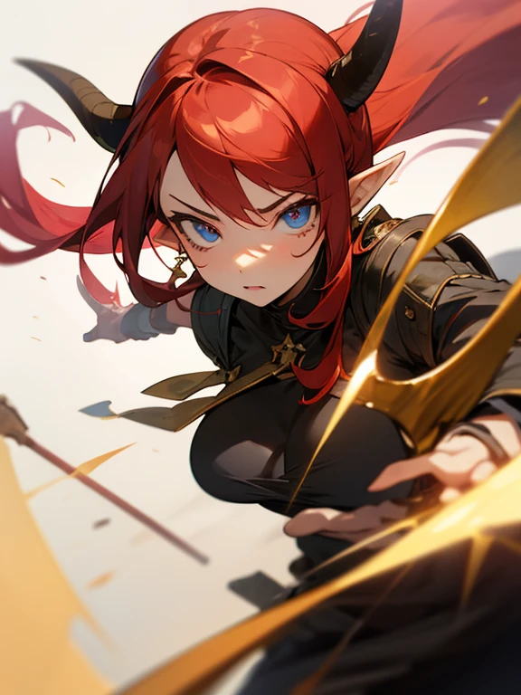 Masterpiece, best quality, expressive eyes, perfect face, 1girl, club (weapon), solo, breasts, golden horns, red hair, weapon, pointy ears