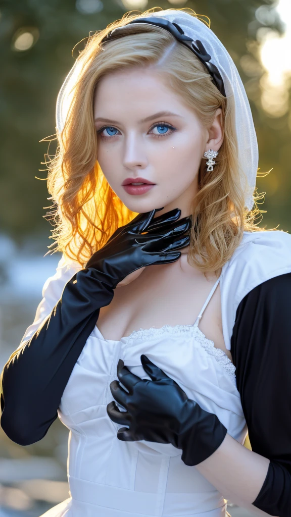 1 miniature Beautiful beautiful woman - Yuan Sayuki, ((top quality, 8K, Masterpiece:1.retty woman, 1 woman, huge breasts:1.3, a slim body:1.1, lush GINGER short hair, (shower, wet body, wet clothes:1.1), very detailed face, detailed lips, detailed eyes, double eyelids, Detailed blue eyes, чрезвычайно Detailed Outstanding Blue Eyes, short GINGER wet hair, GINGER wet hair, Detailed Outstanding Blue Eyes, innocent look at the viewer, very wet wavy white hair, Detailed Outstanding Blue Eyes, huge cross earrings, Outdoors, badges behind, gothic maid uniform,  sexy maid dress,  chest, huge chest tattoo, detailed huge catholic cross earrings, chest tattoo, Outside, wear a silver cross (Detailed cross shape), reality mode, wet breasts, black necklace, human crowd behind, black  gloves, hair of white snowy colour, night time, red neon lights, demonic nun, nimbus (golden lighting ring above her head), angel, snowy weather, sexy pose, white , black maid dress, detailed flower wreath made of different colours, open chest