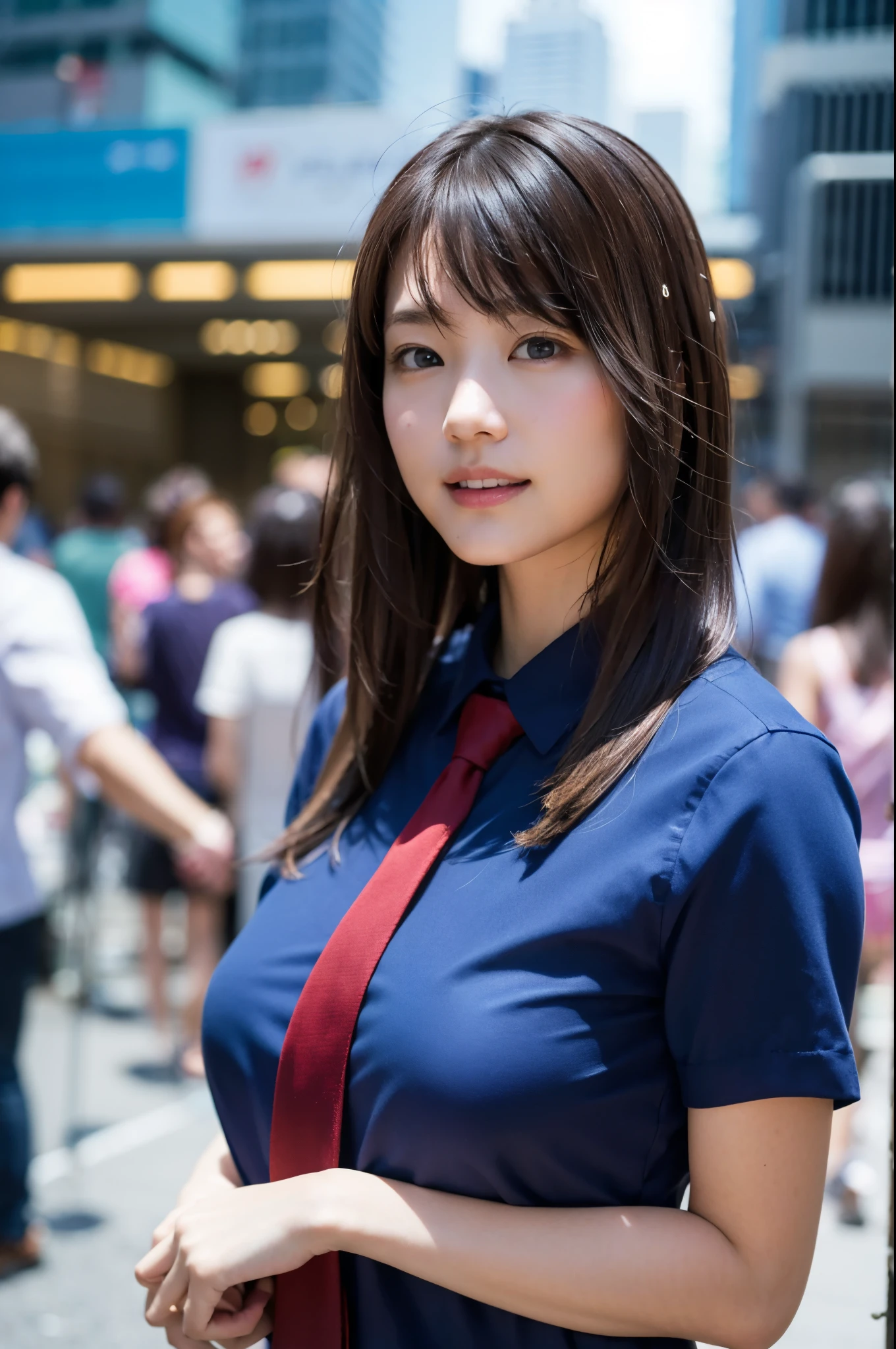 (8k、Raw photo、highest quality、masterpiece:1.2)、(Realistic、Photorealistic:1.37)、Ultra-detailed、超A high resolution、1 girl、Seeing the viewer、Beautifully detailed face、Laughter、narrow、(Narrow waist) :1.3)、((Blue shirt clothes))、Beautifully detailed skin、Skin Texture、Floating Hair、((Tie your hair together))、Shapely large breasts、Professional Lighting、In front of the station at noon,Human whole body、Black Hair