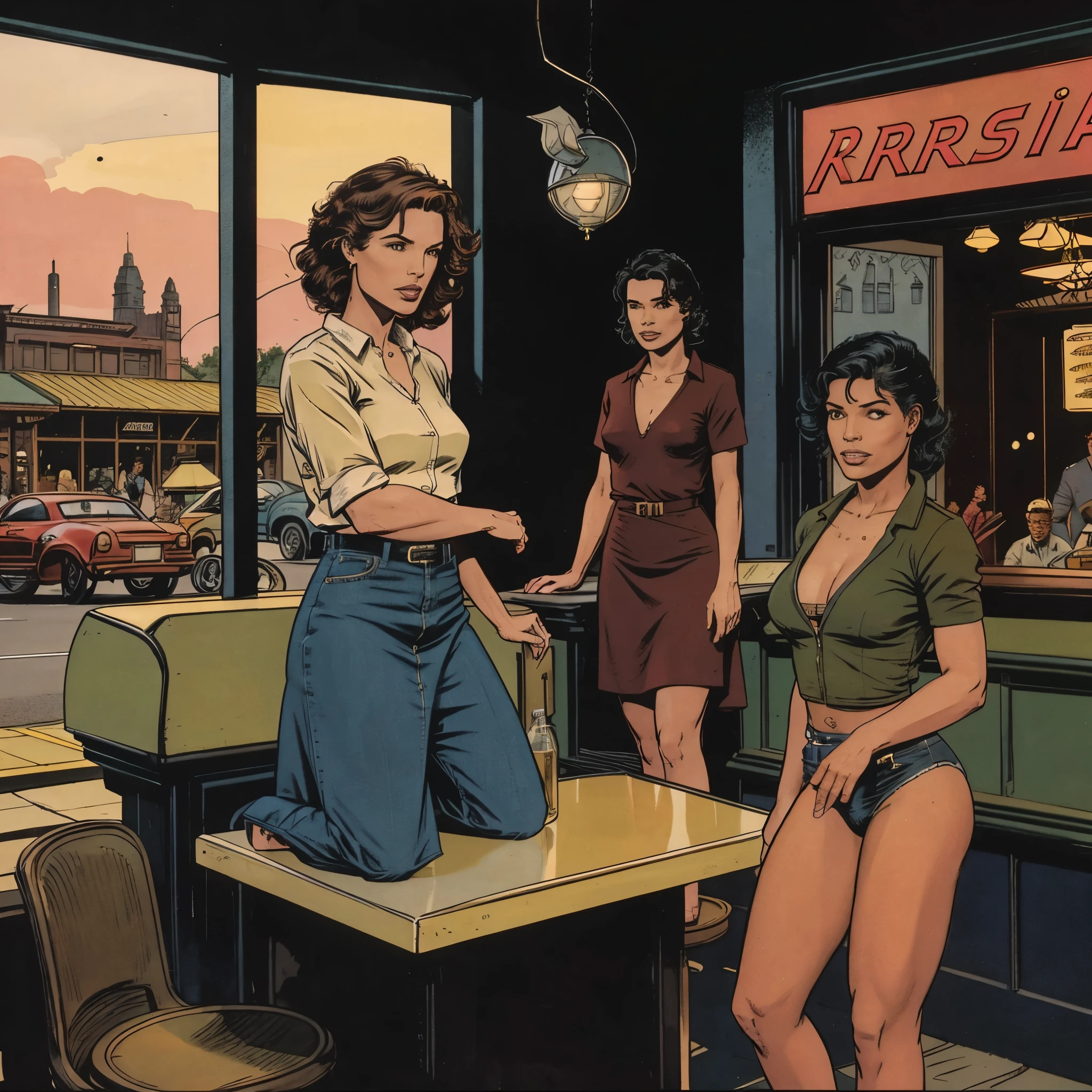 they are two women standing in front of a restaurant with a car, by Wayne England, iray shaders, by Otis Kaye, ray, ray tracing. sharp focus, by Robert Peak, daz3d genesis iray shaders, by Wayne Reynolds, by Marshall Arisman, accurate ray tracing, by Roy Dalgarno, rtx ray tracing