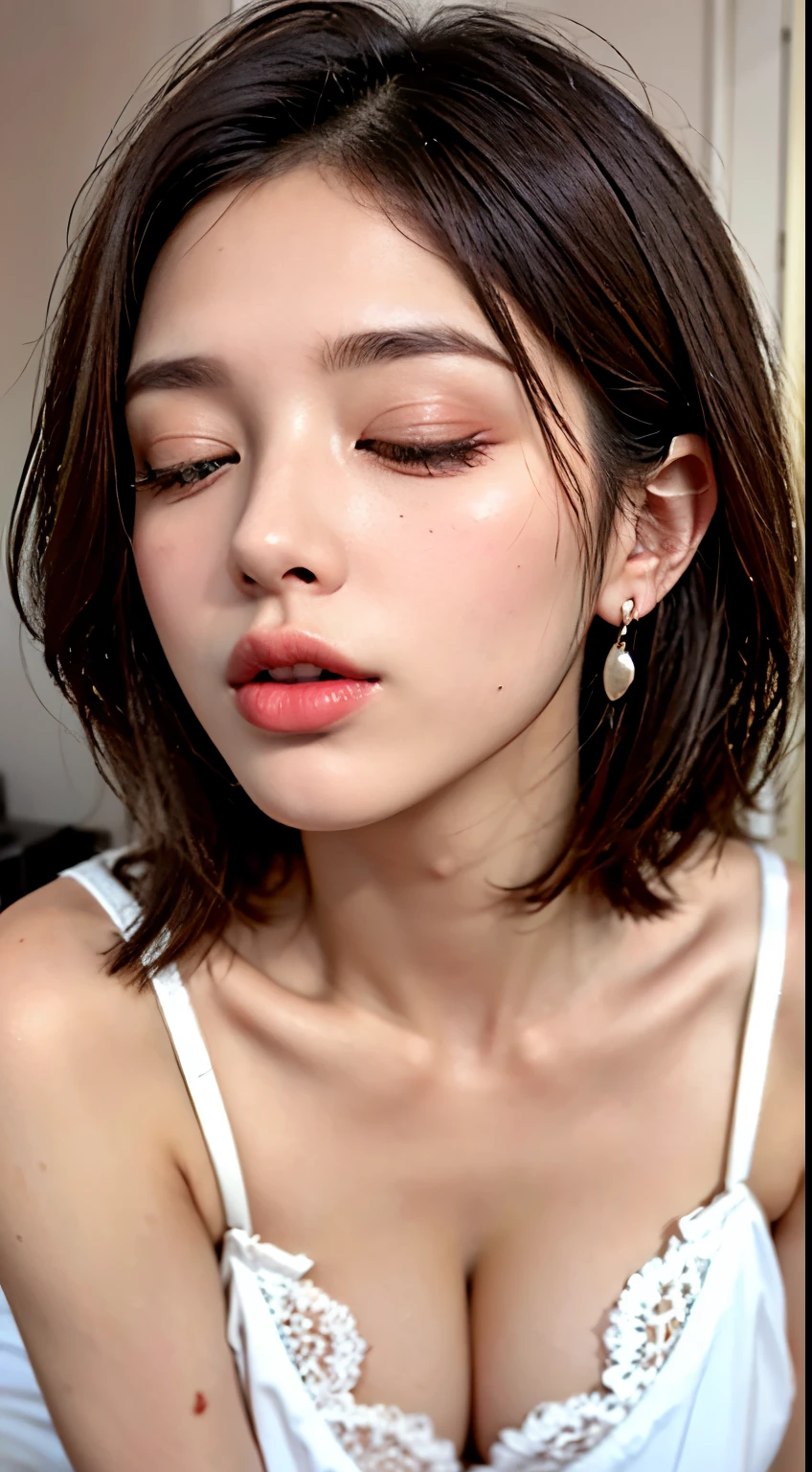 (24 year old lover), (big breasts:1.3),show small areola,on the bed, (maximum resolution: 1.4), (super high quality: 1.2), cinematic light, super high quality,My cheeks turned red:1.2、 (beautiful eyes and skin), (detailed facial features), 8K resolution, perfect style, beautiful expression、Highly detailed face and skin texture、detailed eye、double eyelid、glitter eyeliner:1.2、shiny skin、pure white skin:1.8、white skin:1.8、red rouge、dark lipstick:1.2、shiny small earrings、wet lips:1.2,glossy lips:1.2、(straight hairstyles、light brown hair)、(facing the front:1.2),long hair、(Close your eyes and ask for a kiss:1.3),From above, ((whole body)), ((one length haircut)),, (((exposed cleavage))), ((face up)),((look up and open your lips)), ((no brassiere)), beautiful breasts,((one length haircut)),((large breasts)),kissing,stick out your lips,,exposed cleavage, look up,raise your chin,open your mouth slightly,waiting for kiss,turn your face up,push your lips forward, stick out your tongue, small lace panties