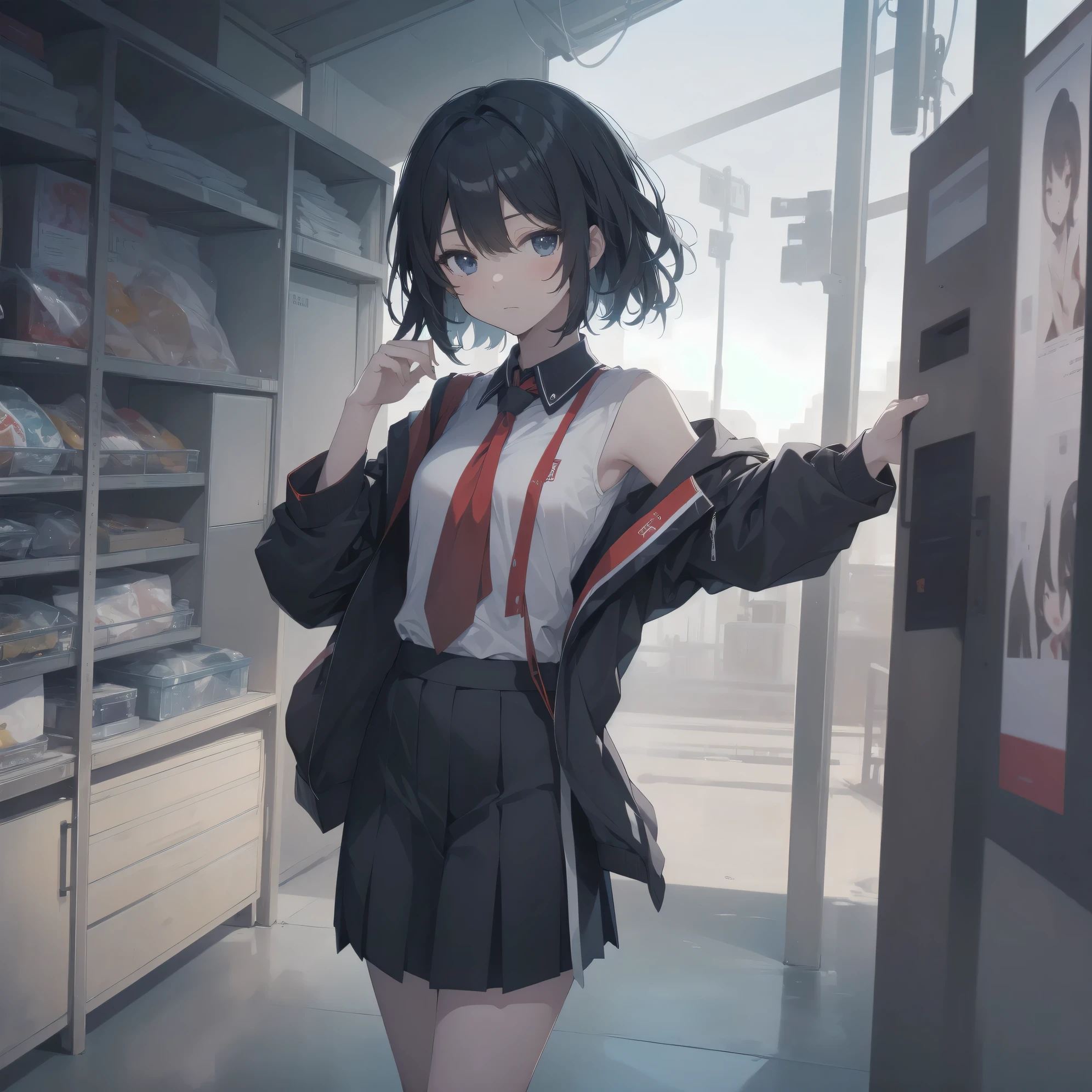 ultra-absurdres-Top quality by artist God, ultra-detailed, high resolution, anime moe artstyle, best anime 8k konachan wallpaper, pixiv contest winner, pool:2810, perfect anatomy,break, 1girl, (Please draw a girl walking sleepily to school alone. )break,(Solo,little female, 13-year-old:1.3),Full limbs, complete fingers,a junior high school student, (very short hair), short cut, flat chest, , small butt, small black eyes, beautiful detailed eyes, well-proportioned iris and pupils, expressive eyes, highres detailed hair, soft expression, school_uniform, neckerchief, collared shirt. pleated skirt,(Detailed Lighting), (Detailed background), in the School commute route. break,super detailed skin, Best cinematic lighting powered by famous artist, 8k,beauty illustration,photoshop_(medium),very aesthetic,break,((artist:modare )), artist:bolze ,artist:oyari_ashito ,artist:kantoku ,