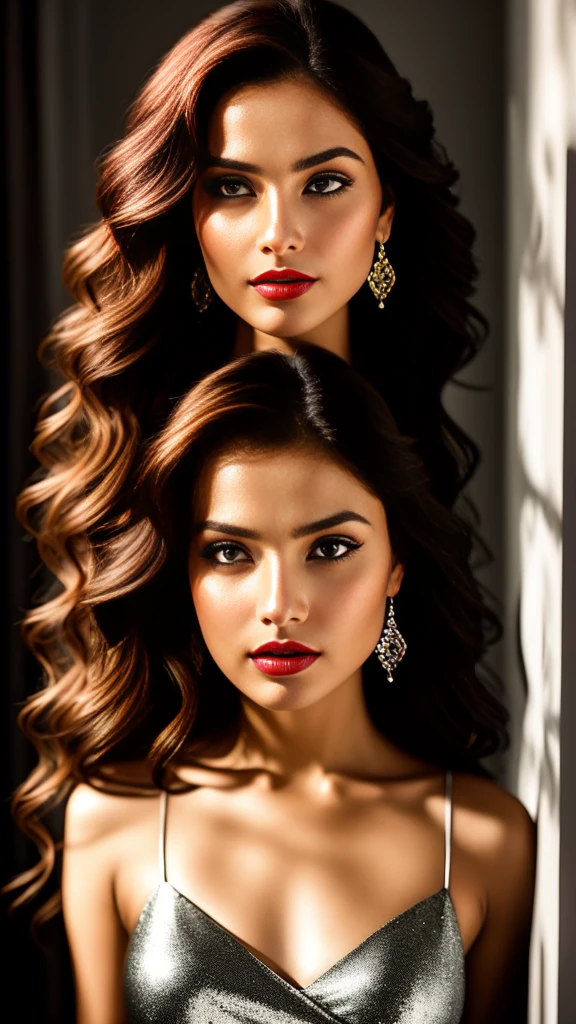 Masterpiece: 1.3,
A breathtaking portrait of a women in her thirties,
Captivating with large, expressive eyes, long lashes, and distinctive pupils,
Exquisitely detailed and expressive face,
8K ultra high resolution, best quality,
RAW image with rich color depth,
Live-action, practical style with authentic light and shadow effects,
Fair, flawless complexion,
Sensual pose with scarlet lips parted in a seductive smile,
Sparkling earrings adorned her features,
Glossy, straight hair cascading down to her shoulders,
Detailed neckline and elegant clothing,