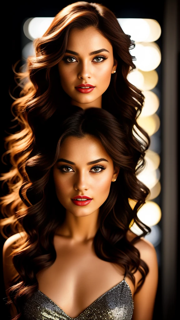 Masterpiece: 1.3,
A breathtaking portrait of a women in her thirties,
Captivating with large, expressive eyes, long lashes, and distinctive pupils,
Exquisitely detailed and expressive face,
8K ultra high resolution, best quality,
RAW image with rich color depth,
Live-action, practical style with authentic light and shadow effects,
Fair, flawless complexion,
Sensual pose with scarlet lips parted in a seductive smile,
Sparkling earrings adorned her features,
Glossy, straight hair cascading down to her shoulders,
Detailed neckline and elegant clothing,