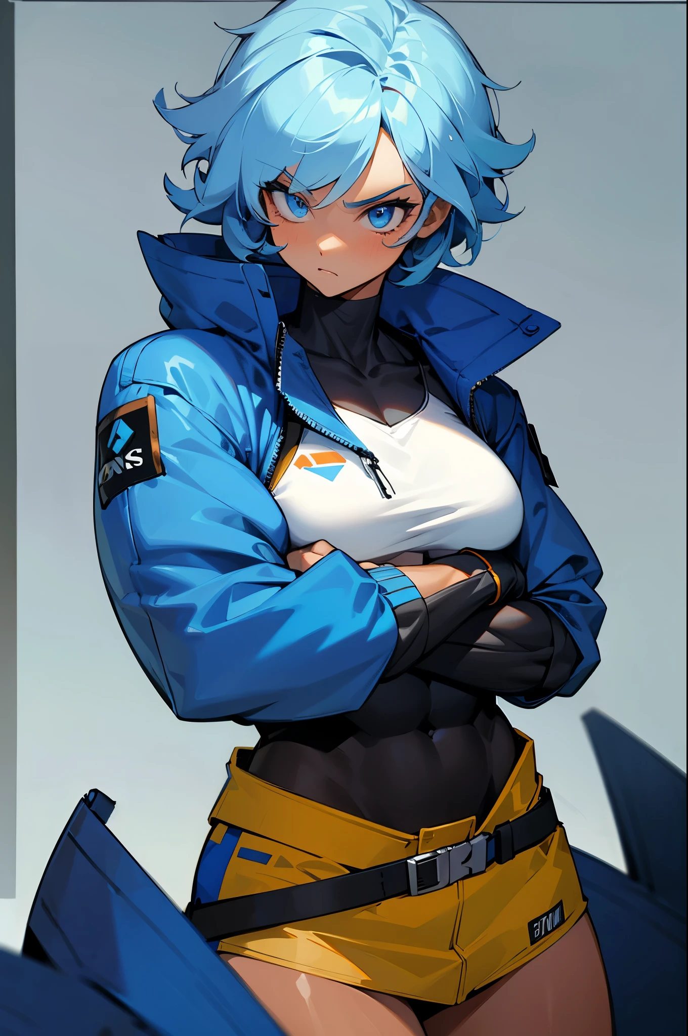 1girl, strong woman, tall, bulky, muscular, tomboy, tanned skin, muscles,blue jacket, black shirt, feminine
