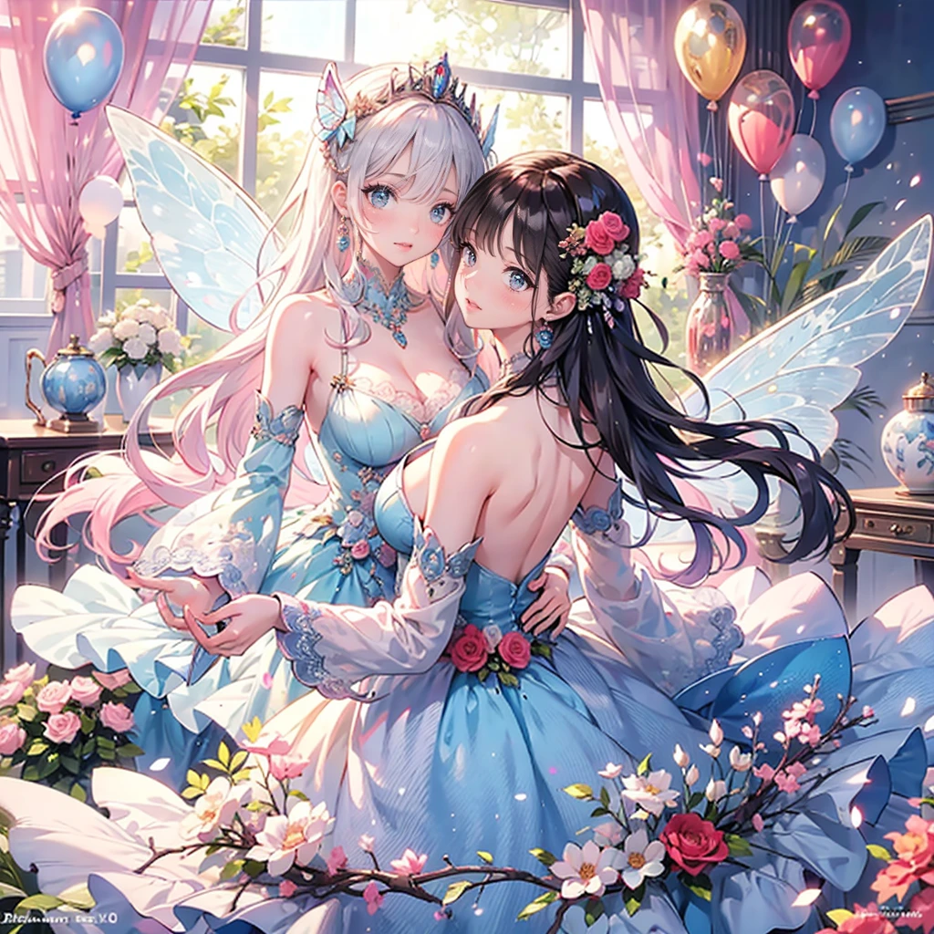 (exquisite, beautiful, very detailed, masterpiece, high quality,High resolution),(soft thin lines:1.2, Beautiful, delicate and pretty face),(Butterfly-like fairy wings growing from her back),from a little far away,body whole,The whole body is reflected,night,A fairy princess is dancing in a gorgeous baroque castle,lots of flowers,Hanabubuki,indoor,(Diamond Tiara, earrings, necklace), ((Gorgeous pastel ball gown dress:1.1, Balloon sleeves,Jewels, ribbons, lace and frills, Beautiful fairy wings from the back)), (light pink blush, plump pink lips,big bust,Fair skin, good style),watercolor style