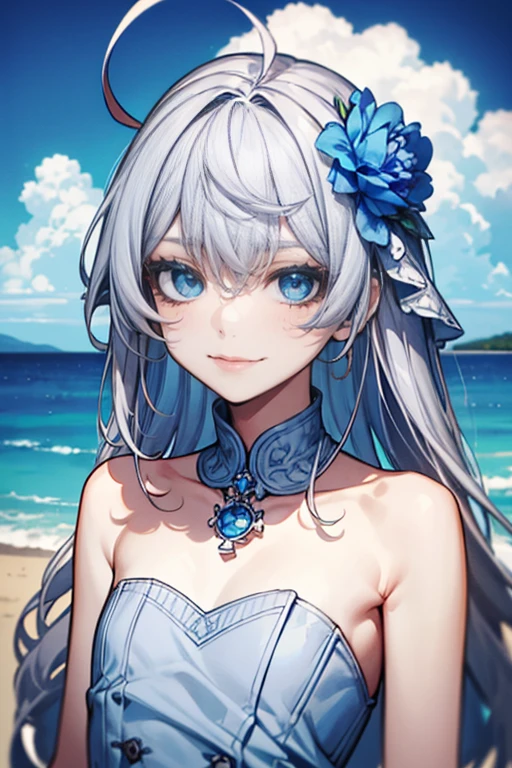 Perspectives, cute smiling, Whole body diagram, white dresid, Separate collar，bshoulder, face flushed，(Comb gray hair)， whitegloves ，Two-tone strapless sleeveless white dress，There  a white flower on the head，flowers bloom in the sea，、((change，blue colored eyes)(Comb gray hair)，white color hair