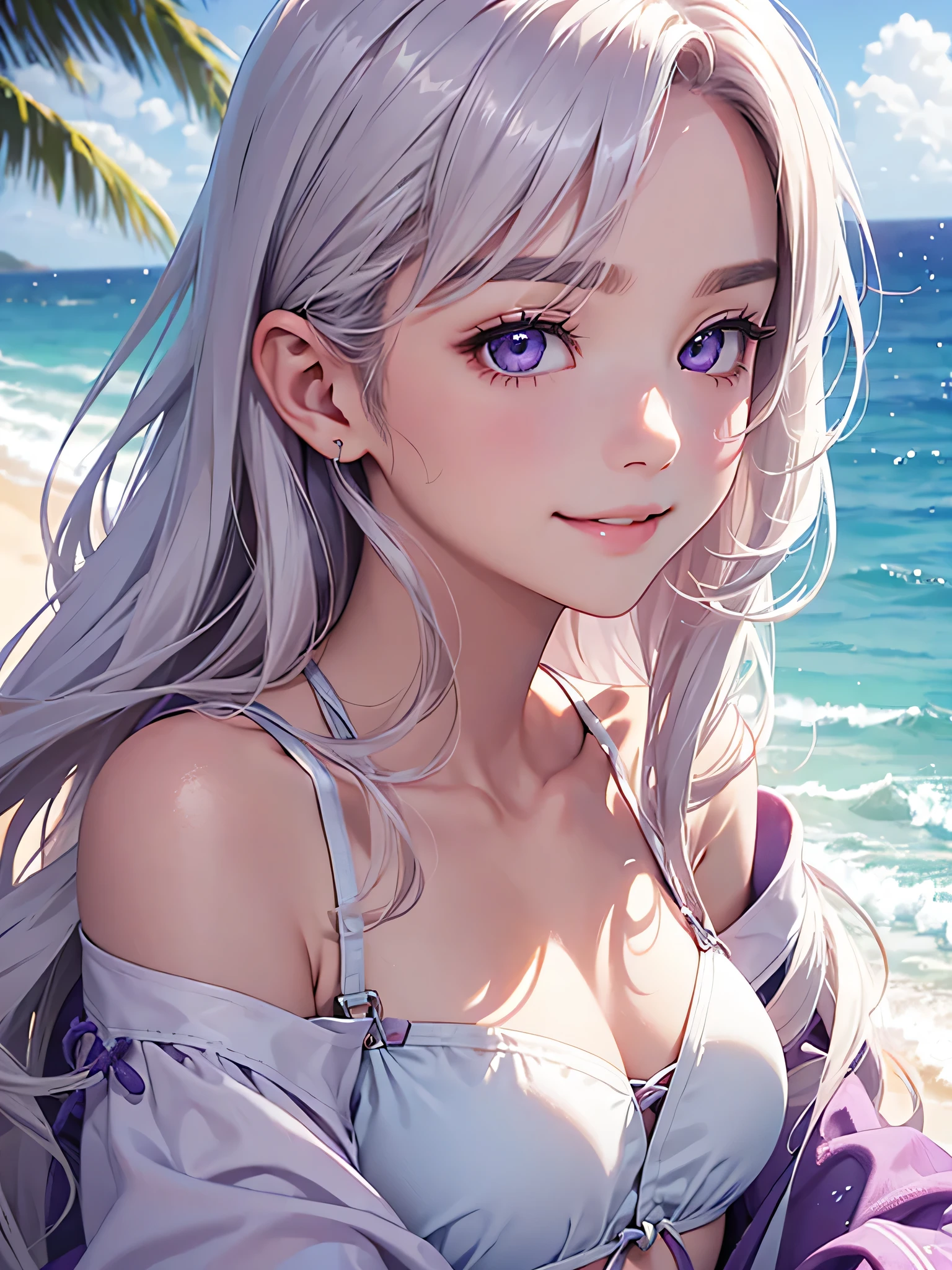highest quality、Realistic、Women、Japanese、zoom、look up、cute、smile、Ocean、Purple eyes、Platinum Blonde Hair、Long Curly Hair、Swimwear、Face close-up、slender、Small breasts