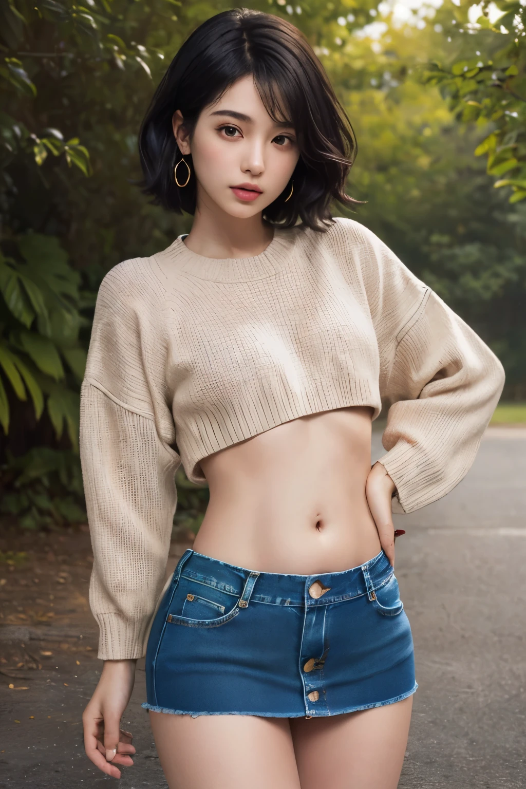 (masseter muscle fragment:1.3)、(8K、realistic、raw photo、top quality: 1.4)、(1 girl)、beautiful face、(lifelike face)、(black hair、Short hair:1.3)、beautiful hairstyle、realistic eyes、beautiful details、(Looks like real skin)、beautiful skin、absurd、tempting、Ultra A high resolution、surrealism、high details、golden ratio、((wide open the abdomen))、((open the abdomen))、((wide open your belly button))、((open your belly button))、((Mid-leaf sweater))、((Ultra low rise、denim mini skirt))、((belly button discharge))、((small ass))、((Long limbs))、((Full-body depiction))、((slim))、((small ass))、(Ultra low rise))、((denim tand))、