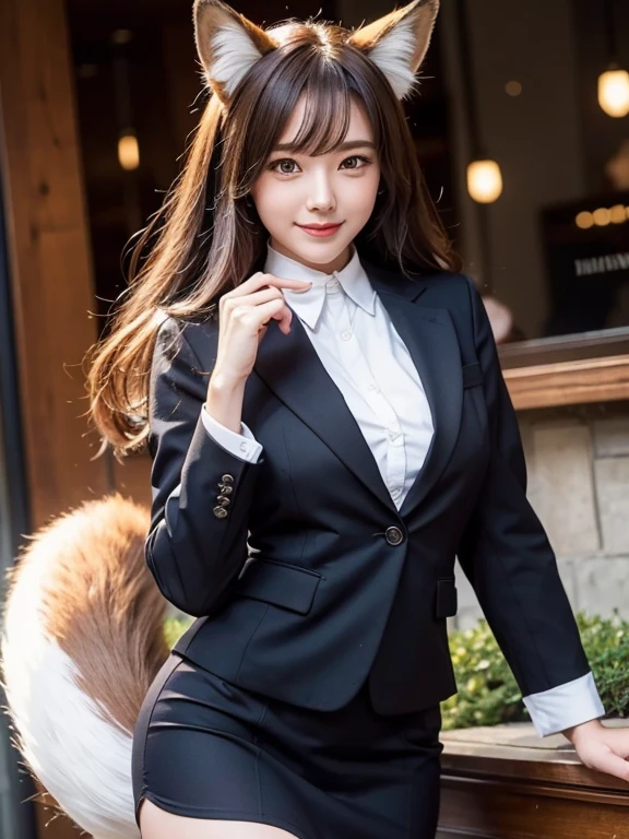 ((highest quality)), ((masterpiece)), (Get used to it), Perfect Face, Fox Girl, Beautiful woman, public, There is a tail, she has a fox tail, She wags her fluffy tail, smile, collar, She wears a business suit, Beautiful hip line, Her tail is sticking out from her tight skirt
