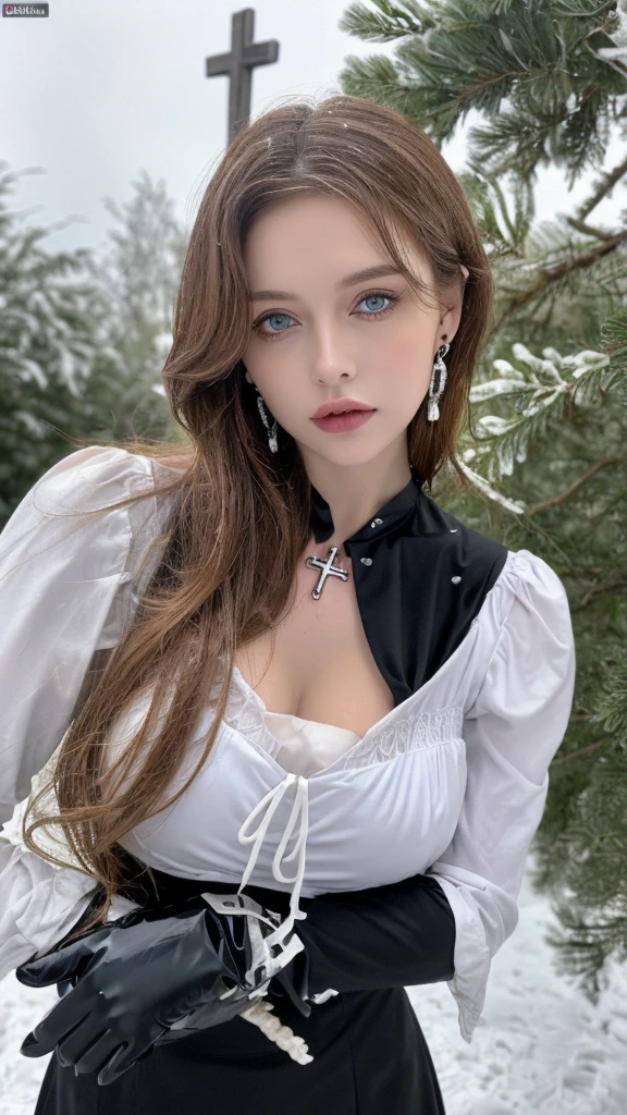 1 miniature Beautiful beautiful woman - Yuan Sayuki, ((top quality, 8K, Masterpiece:1.retty woman, 1 woman, huge breasts:1.3, a slim body:1.1, lush GINGER long hair with 2 ponytails and buns, (shower, wet body, wet clothes:1.1), very detailed face, detailed lips, detailed eyes, double eyelids, Detailed blue eyes, чрезвычайно Detailed Outstanding Blue Eyes, long GINGER wet hair, GINGER wet hair, Detailed Outstanding Blue Eyes, innocent look at the viewer, very wet wavy white hair, Detailed Outstanding Blue Eyes, huge cross earrings, Outdoors, badges behind, gothic maid uniform, sexy maid dress, bare chest, huge chest tattoo, detailed huge catholic cross earrings, chest tattoo, Outside, wear a silver cross (Detailed cross shape), reality mode, wet breasts, black necklace, human crowd behind, black latex gloves, hair of white snowy colour, night time, red neon lights, demonic nun, nimbus (golden lighting ring above her head), angel, snowy weather, sexy pose, white lingerie, black maid dress, detailed flower wreath made of different colours, open chest