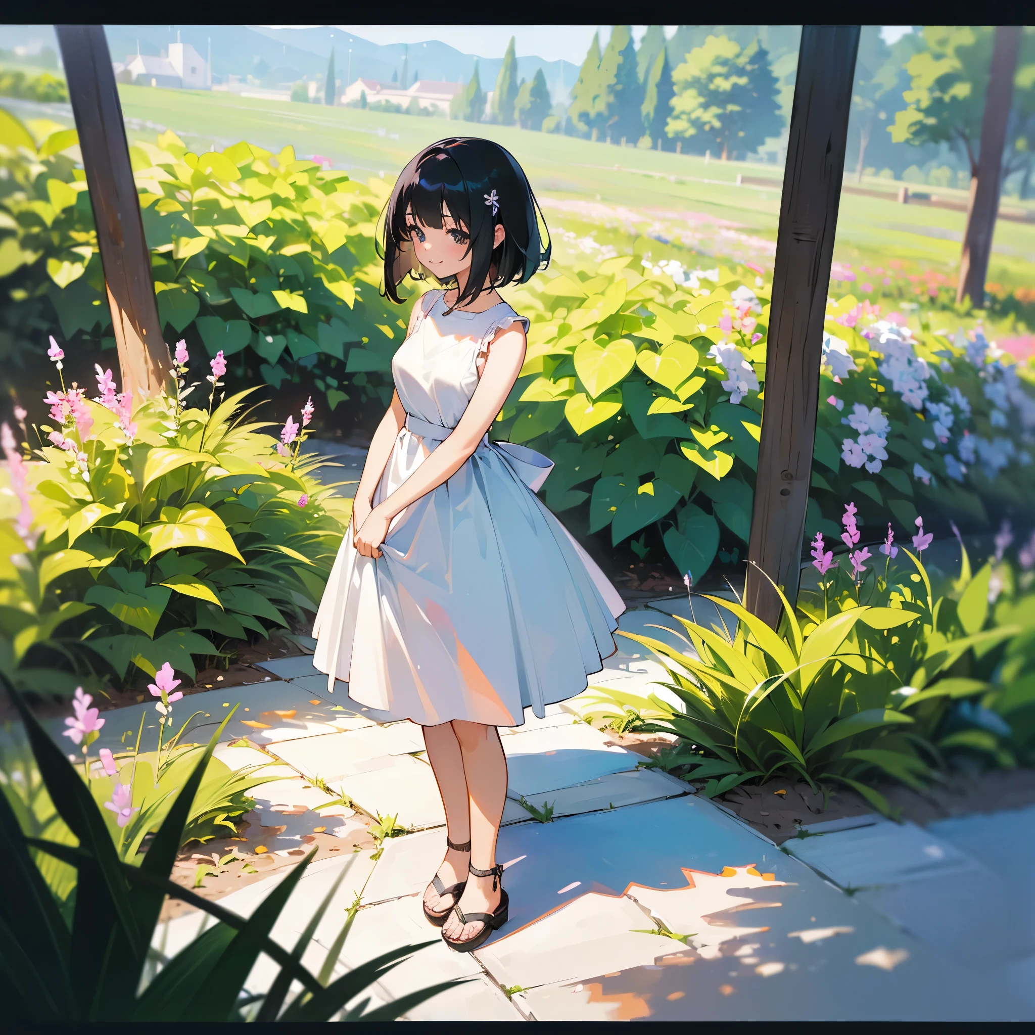 (high quality, High resolution, Very detailed, reality:1.37), Peaceful atmosphere, (Outdoor, garden), teenage girl standing alone, (my breasts are big.), Beautiful detail features, Cute Smile, (Black bob hair), White sleeveless dress, Sandals.