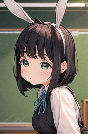 girl , (Bunny girl:1.3) , (leotard:1.3) , Black Hair , classroom , Facing forward ,
