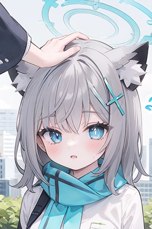 1girl, headpat, flying sweatdrops, 
shiroko_bluearchive,beast ears