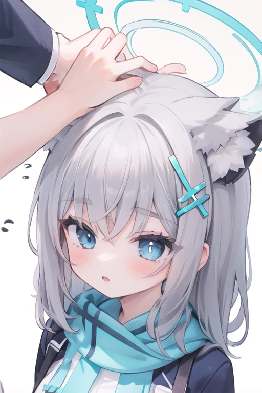 1girl, headpat, flying sweatdrops, 
shiroko_bluearchive,beast ears