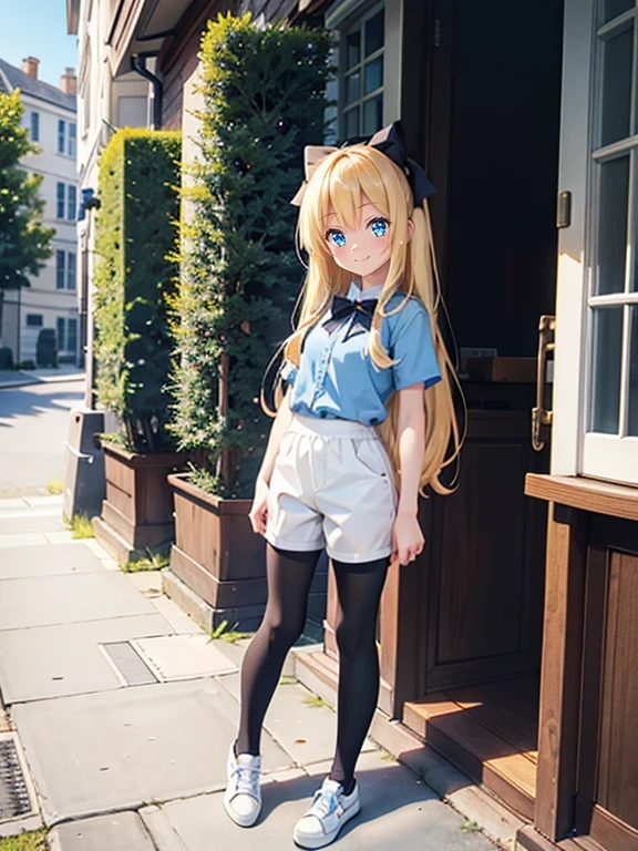 Blonde, long hair, blue eyes, black hair bows, two bows, light blue shirt, white shorts, black leggings, happy, cheery, day, outside, white shoes, flat, short, standing, sparkling eyes