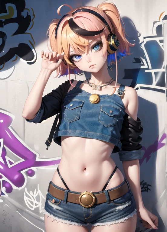 Masterpiece, Best quality, 1girl, Single, Crop top, Denim shorts, necklace, (Graffiti:1.5), paint splashes, Arms behind the back, Against the walls, Looking at the viewer, badge, Thigh belt, Paint on the body, Head tilt, Monotonous, Multicolored hair, Watery eyes, Headset,