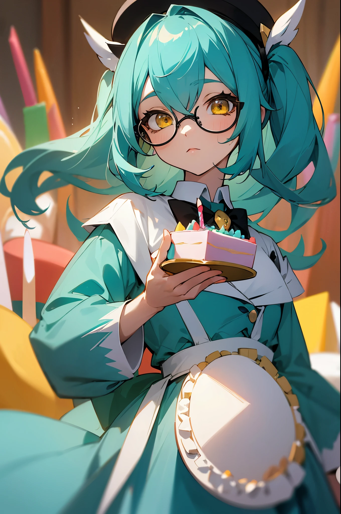 1 girl solo, teal hair, animal ears, glasses, blue and white clothes, hat, yellow eyes, ((holding a birthday cake))