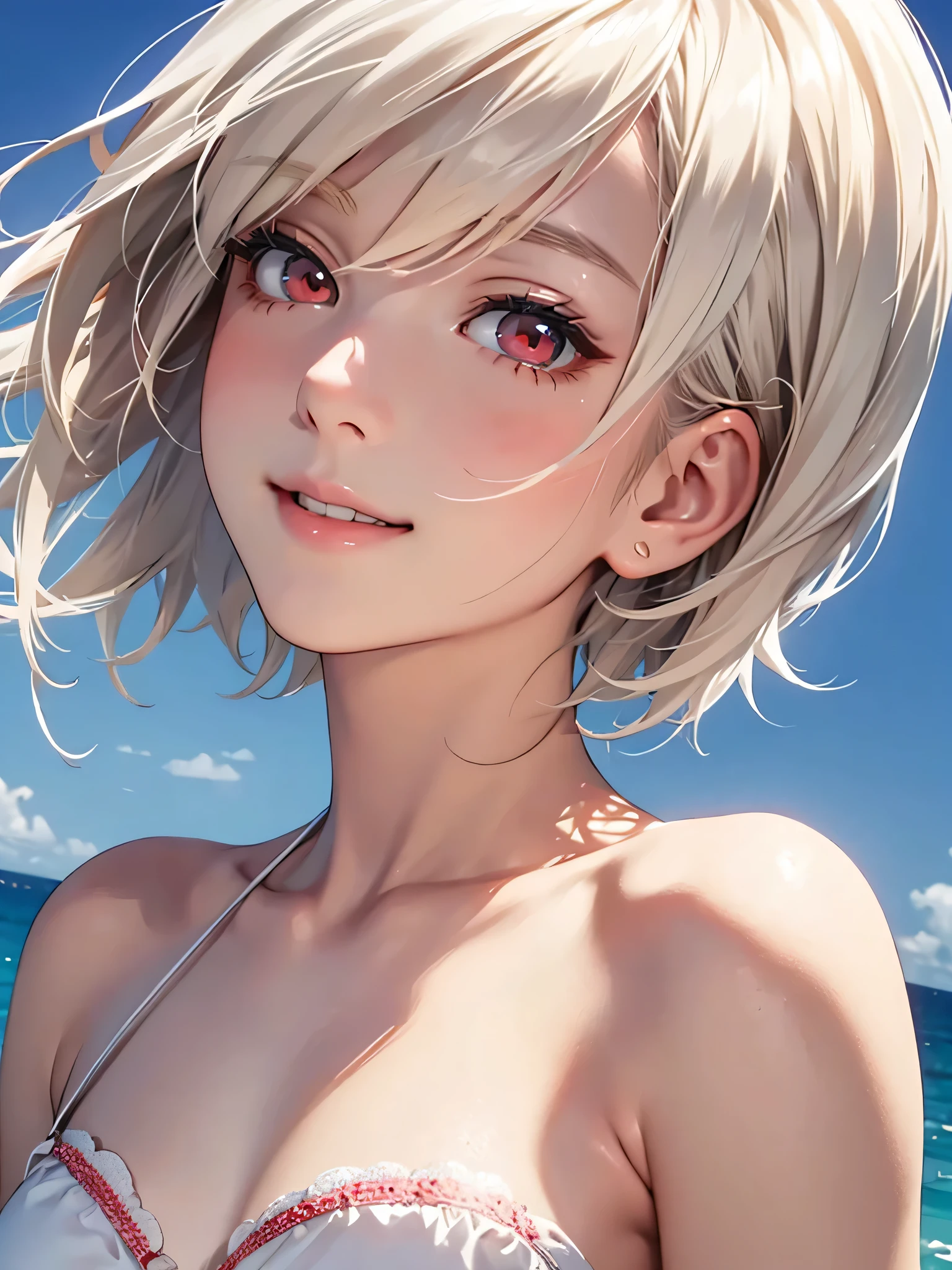 highest quality、Realistic、Women、Japanese、zoom、look up、cute、smile、Ocean、Red eyes、Platinum Blonde Hair、Very Short Hair、White Swimwear、Face close-up、slender、Small ???????