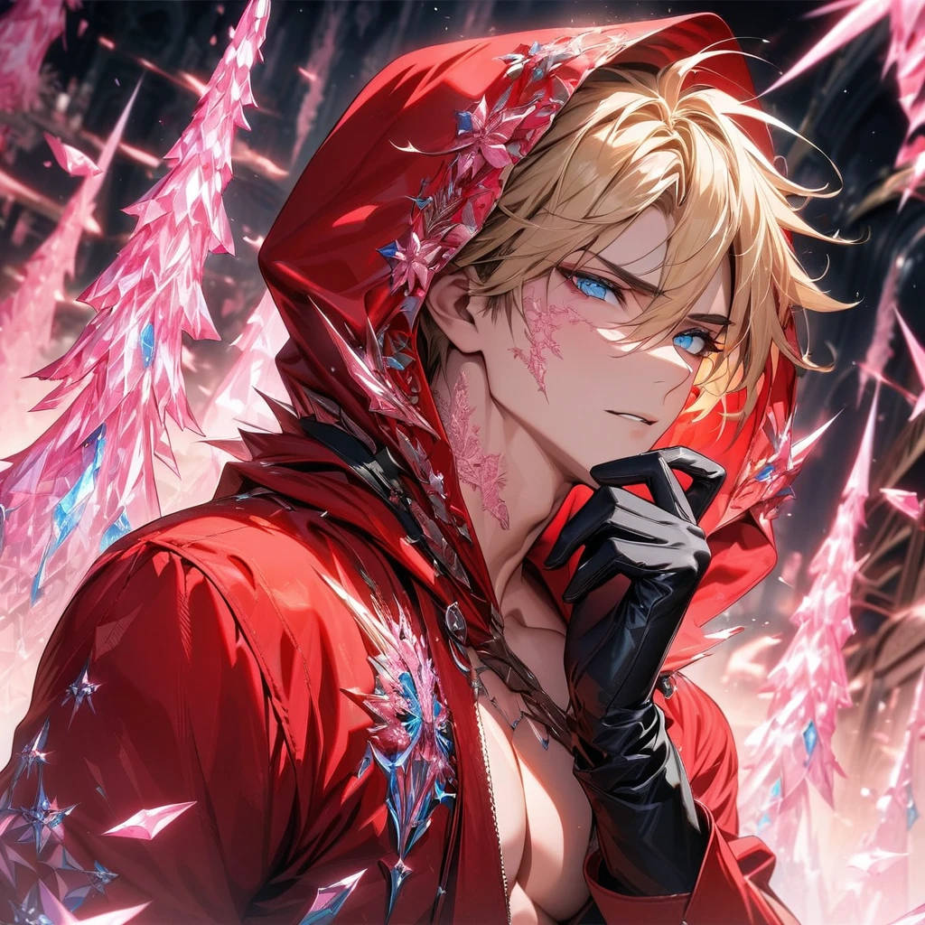 absurdres, highres, ultra detailed, HDR, masterpiece, extremely detailed face and eyes, beautiful eyes, Vash Stampede, blond hair, expressive blue eyes, Trigun, solo, sexy man, handsome, red jacket with a hood, black gloves, patterns, pink ice trees, pink ice butterflies, pink ice flowers, pink ice fantasy