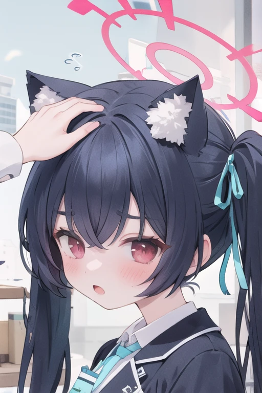 1girl, headpat, flying sweatdrops, 
serika_bluearchive,cat ears,