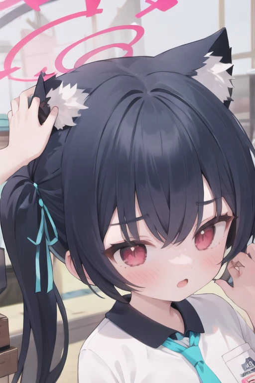 1girl, headpat, flying sweatdrops, 
serika_bluearchive,cat ears,