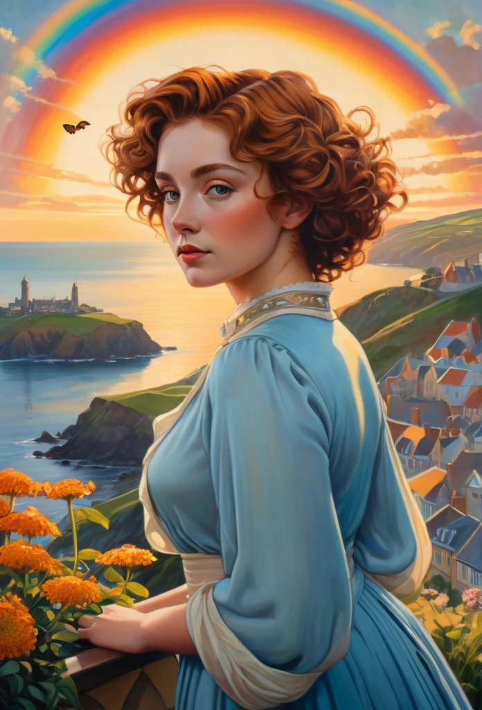 A breathtaking photorealistic oil painting by Greg Rutkowski, inspired by Alphonse Mucha and the Studio Ghibli aesthetic, capturing a beautiful British woman [Elizabeth Taylor:Maude Adams:0.4] with short, curly ginger hair. Detailed face, She stands at the top of a hill, gazing at the picturesque ((Cornwall city ))below. The warm sunset colors create a stunning contrast with the cool blues of the city, as a seagull soars in the sky. A mesmerizing butterfly hovers near vibrant flowers in the foreground, while a rainbow arches across the heavens. The overall atmosphere of the painting is cinematic and evocative, with the composition inviting viewers to immerse themselves in this enchanting scene., cinematic, painting