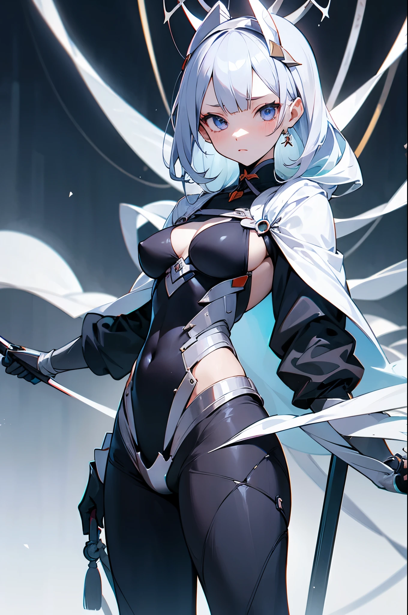 Madaraki_Fran,A girl , stands , surgeon's robe , background simple , clear face , Clean hands , hairlong , yellow hair,seams , Scars on the body , A creepy look , scary eyes , An intimidating look , creepy smile , bags under eyes