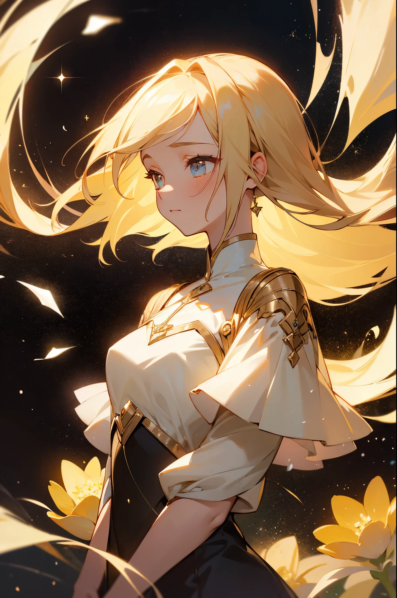 "(Best quality, masterpiece) 1girl, galaxy, glitter, flowing dress, particles, gentle breeze, blooming flowers, focused on upper body, dark background, direct eye contact, blonde hair."