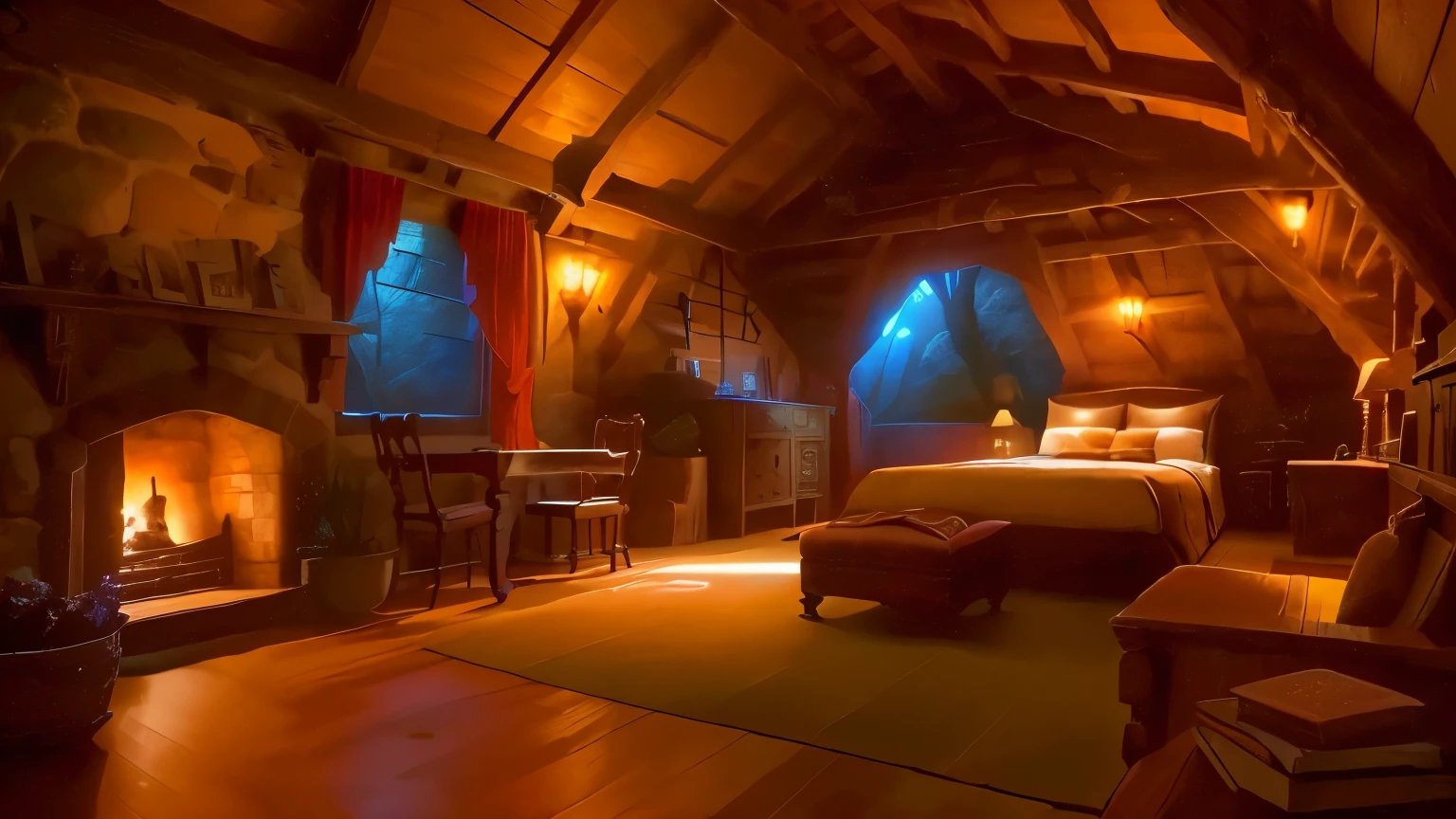 there is a bed in a room with a fireplace and a sofa, Quarto aconchegante, interior de uma toca de hobbit, em sua casa de hobbit, cozy treehouse bedroom, ambiente aconchegante e tranquilo, ambiente aconchegante, Room at Ghibli Studio, dentro de uma casa medieval de hobbit, lugar aconchegante, quarto estilo criador de RPG, em uma cabine, dentro de uma cabana, motor irreal ; romantic theme
