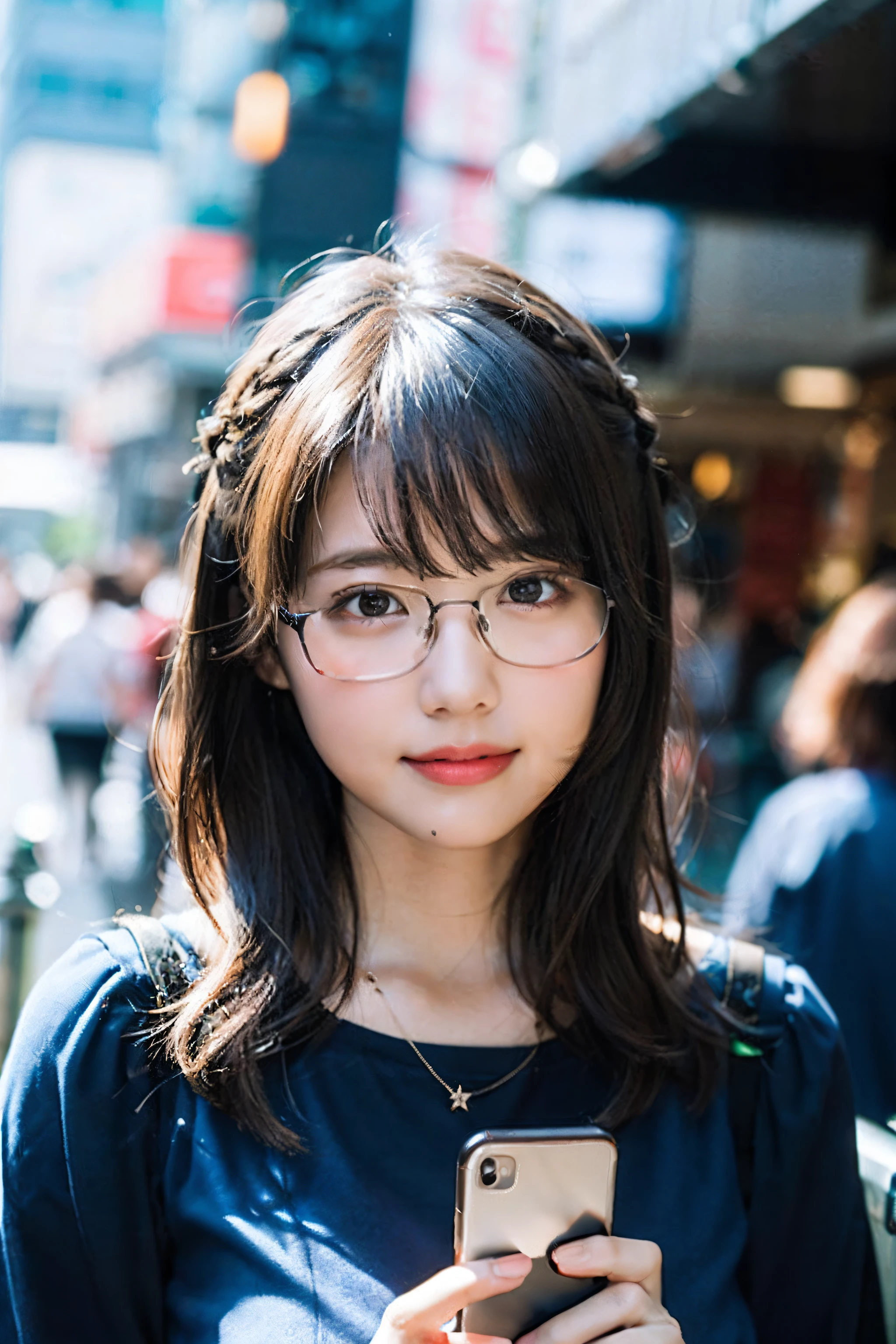 (8k、Raw photo、highest quality、masterpiece:1.2)、(Realistic、Photorealistic:1.37)、Ultra-detailed、超A high resolution、1 girl、Seeing the viewer、Beautifully detailed face、Laughter、narrow、(Narrow waist) :1.3)、((Blue shirt clothes))、Beautifully detailed skin、Skin Texture、Floating Hair、((Tie your hair together))、Shapely large breasts、Professional Lighting、In front of the station at noon、((Black square glasses))、Human whole body、Brown Hair、((Make a phone call on your mobile phone))、