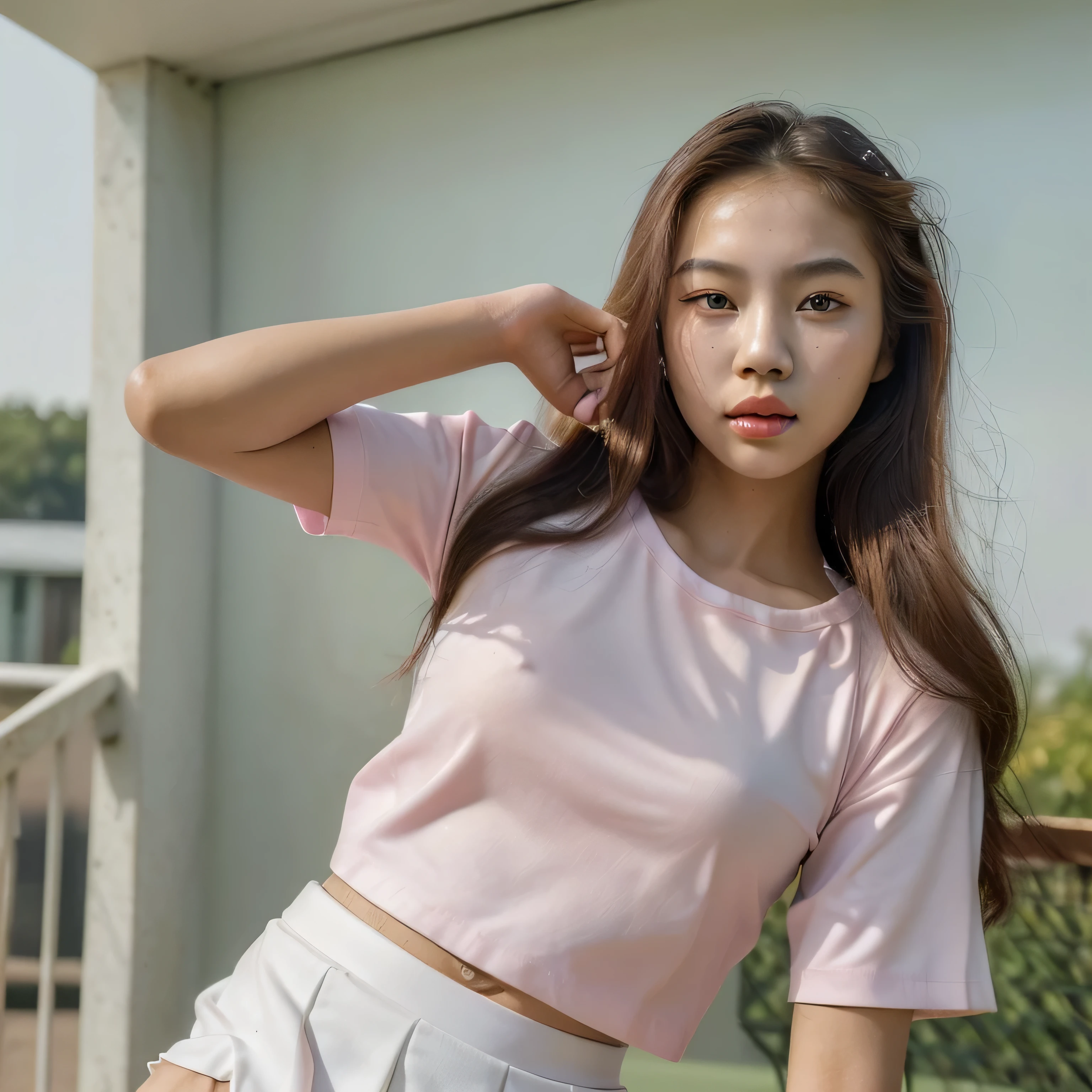((best quality)), ((masterpiece)), (detailed), perfect face model posts Thai woman, 16 years old, long, beautiful hair, light pink lipstick on lips. Pink round neck shirt, white skirt, tennis uniform