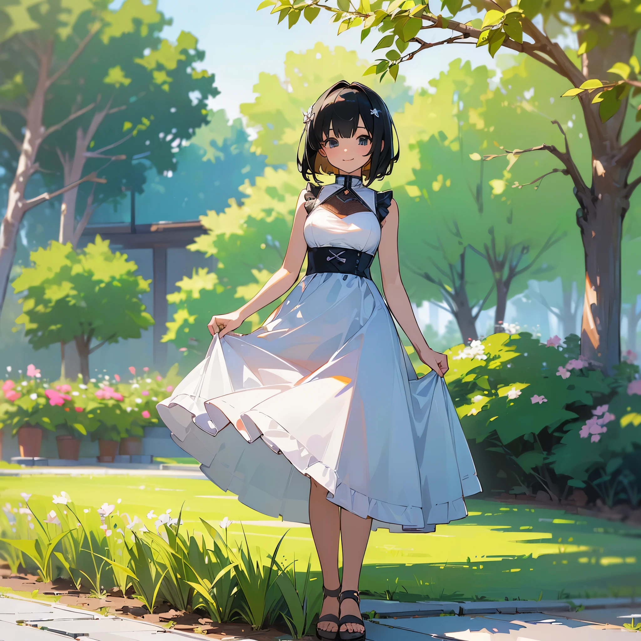 (high quality, High resolution, Very detailed, reality:1.37), Peaceful atmosphere, (Outdoor, garden), teenage girl standing alone, (my breasts are big.), Beautiful detail features, Cute Smile, (Black bob hair), White sleeveless dress, Sandals.