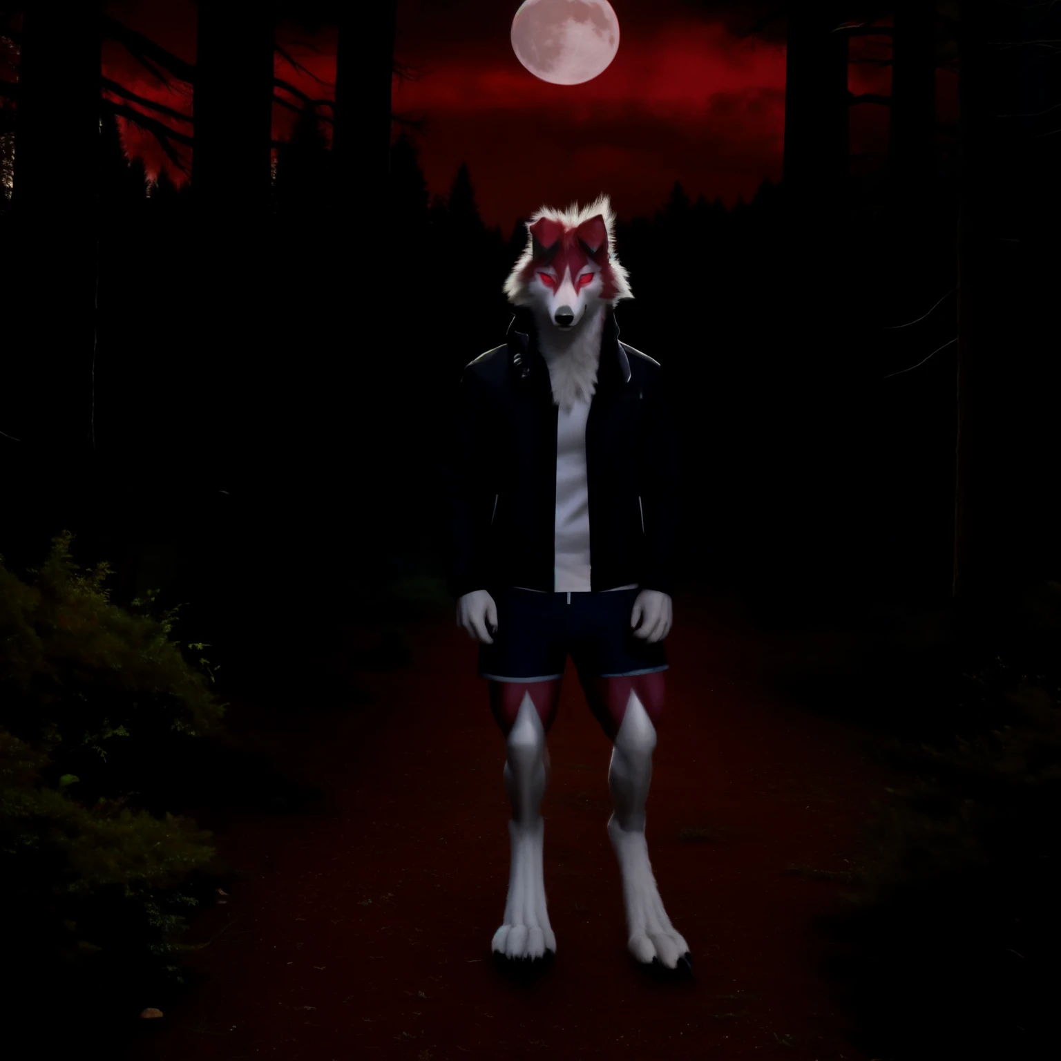 (artwork), photo of a real life, detailed eyes, MidnightLycanroc, feral, pokemon, fur, tuft, red eyes, full body, red moon, volumetric lighting, in forest, full body, wolf, muscle, wear jacket, wear shorts