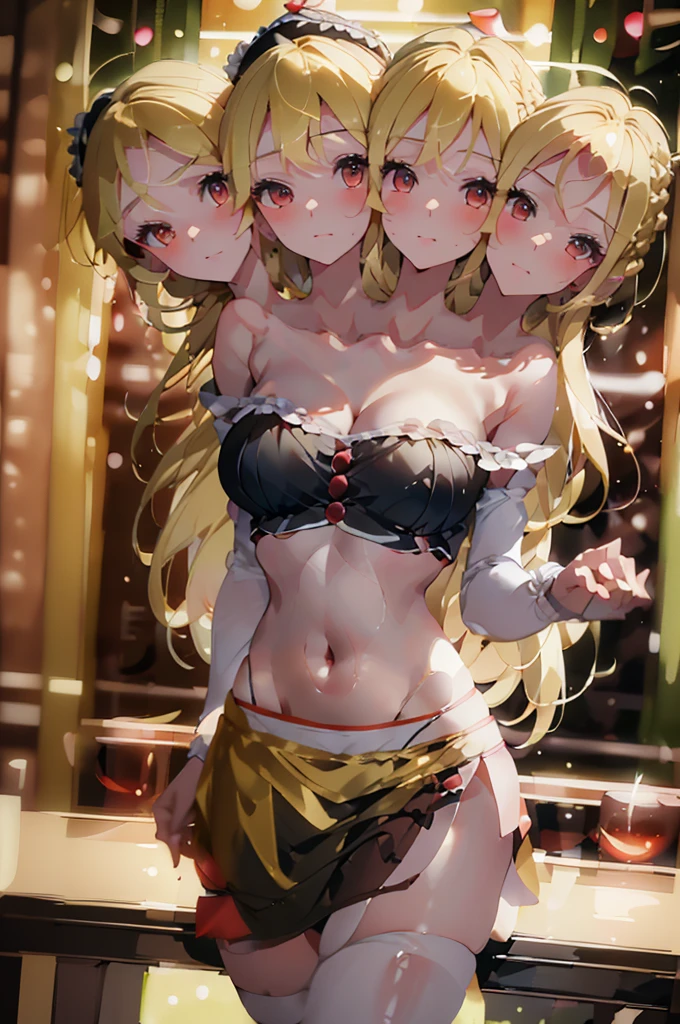 (masterpiece, best quality), best quality, (ultra-detailed), (3heads:1.5), 1girl, (lunasa prismriver:1.3), masterpiece, best quality, white top, crop top, ((stomach)), midriff, ((groin)), black skirt, normal ears, shackles, blonde hair, very long hair, wavy hair, sidelocks, yellow eyes, parted lips, single horn, sweat, cute, toned belly, hand on own chest, eyelashes, (24 year old woman:1.3), (masterpiece:1.4), (best quality:1.4), (beautiful detailed extremely detailed CG, extremely delicate and beautiful, depth of field, (finely detailed face), (perfect details:1.1), (mature female:1.3), wide pelvis, slender, large veiny breast, 8k resolution, high quality, high definition, extremely detailed, masterpiece, best quality, blonde hair, long hair, alluring presence, braid, short skirt, close up, big , young, hair ornament, holding instrument, frills, hat ornament,