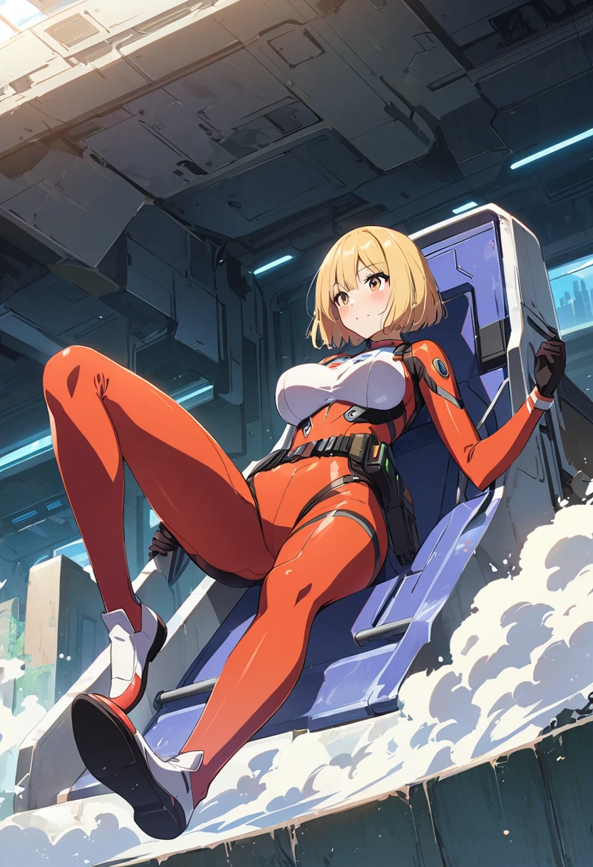 Thin full body suit、25-year-old female、Straight Bob Cut、Large Breasts、Small waist、Long, slender legs、A scene from a launch sequence in a sci-fi anime、Female pilot sliding down from a shooter、Hair flows wildly backwards、Brave face、Lie on your back and slide straight down