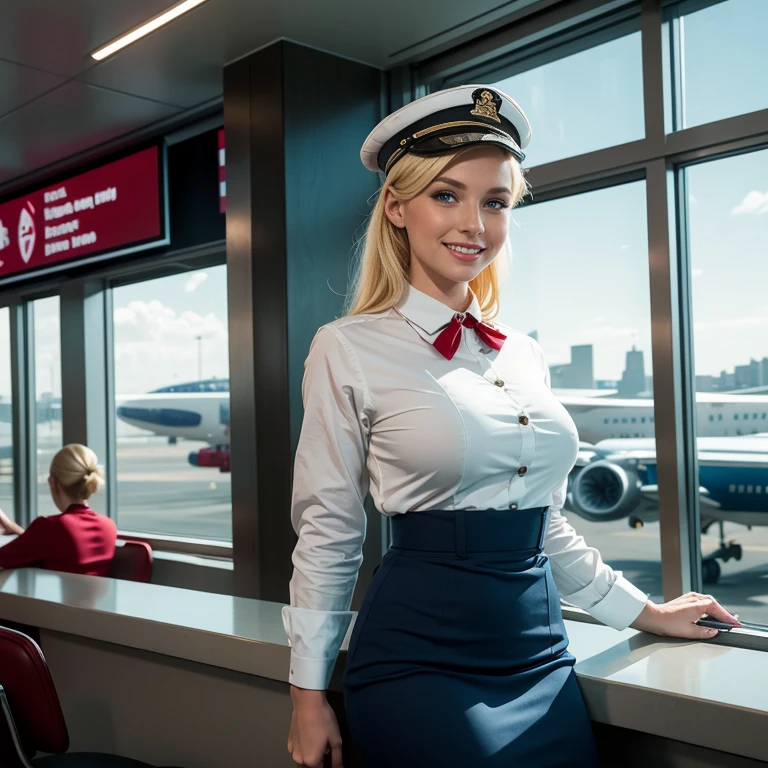 A young, 29-year-old blonde stewardess, clad in a detailed, high-quality rendered 1950s TWA uniform with a red and white cap, is seated near a large panorama window in the bustling check-in hall of a NYC airport. Her striking blonde hair cascades over her shoulders, complementing her authentic TWA attire. She gazes out of the window with a warm and inviting smile, her blue eyes reflecting the vibrant energies of the airport scene before her. The overall photorealism of the scene is accentuated by the realistic depiction of buildings, with authentic lighting and accurate lettering gracing the walls and sign
