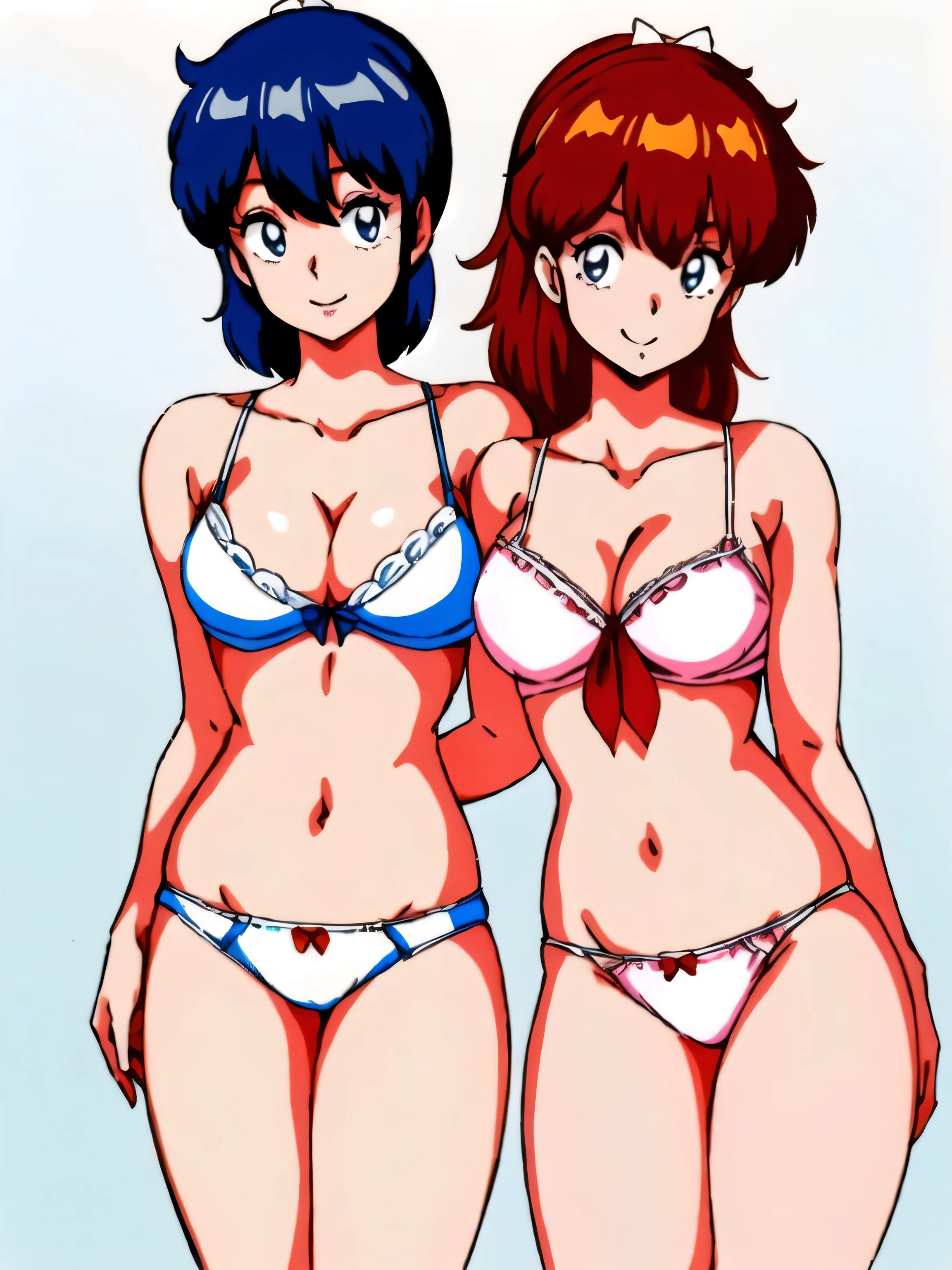 (room, Bedroom), 2People Girls, (Embrace each other, Face), looking at the camera, highest quality, 8K, High resolution, Crisp animation quality, (Perfect Face, Detailed face), (miki), Are standing, Blue eyes, (Fine grain:1.3, Detailed and high resolution), (Shortcut hair, dark blue hair), smile, Blushing, (serafuku:1.2), (Large Breasts:1.2), (White bra:1.5, Sexy), (Beautiful cleavage:1.2), Navy blue mini skirt, (White panties are visible:1.4, Sexy), highest quality, 8K, High resolution, Crisp animation quality, (Perfect Face, Detailed face),(erika), Are standing, Blue eyes, (Fine grain:1.3, Detailed and high resolution), (Long hair, Red Hair), smile, pink headband, (serafuku:1.2), (Large Breasts:1.2), (White bra:1.5, Sexy), (Beautiful cleavage:1.2), Navy blue mini skirt, (White panties are visible:1.4, Sexy),highest quality, 8K, High resolution, Crisp animation quality,