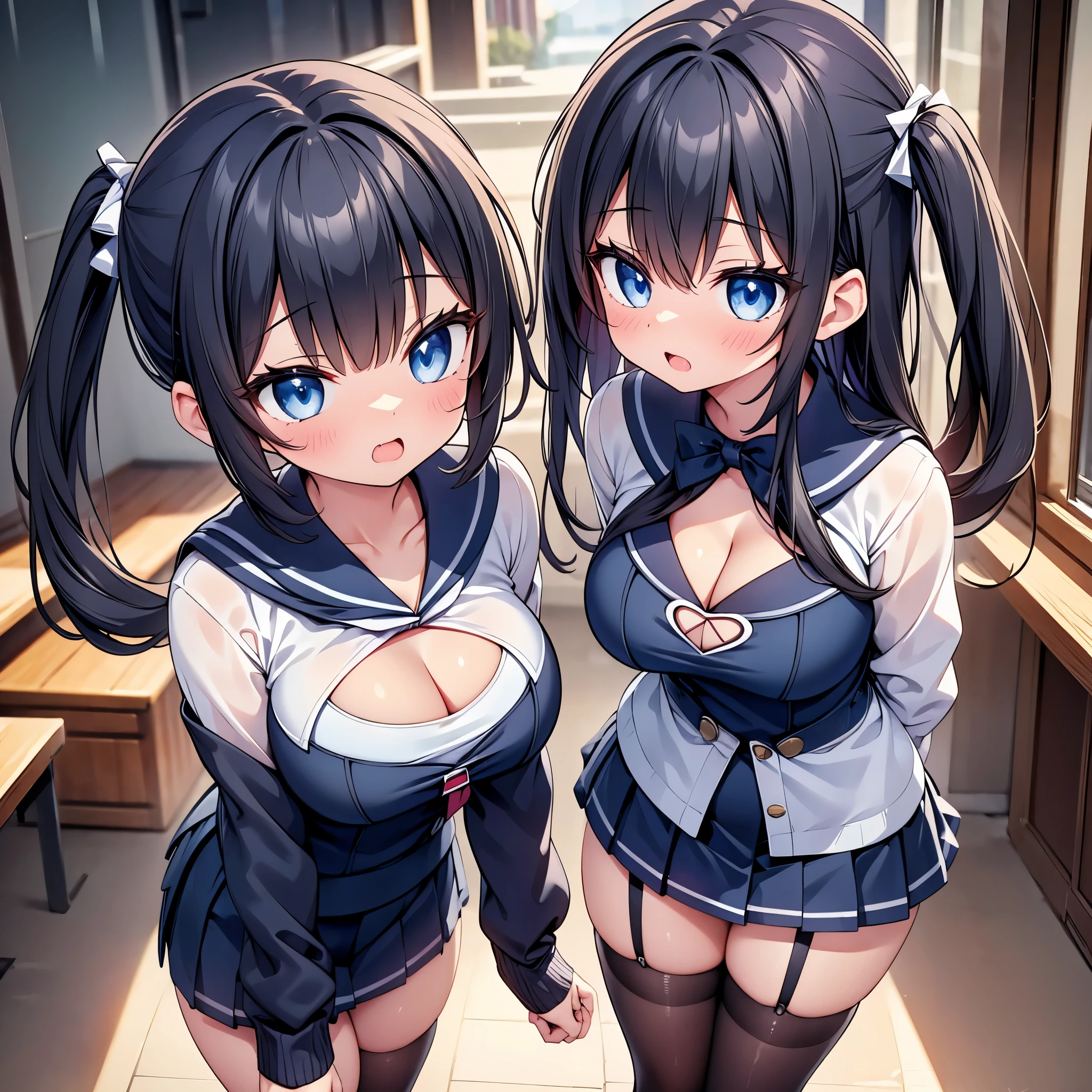 (cute eyes:1.2), (sparkling eyes:1.2), highest quality,wonderful,finely,extremely detailed CG Unity 8K wallpaper, (Stand in line:1.2), (3 girls, Black Hair, cute eyes, sailor uniform, clothed), (cleavage cutout:1.4), (midium breasts), (open mouth:1.1), (long tongue:1.1), (mouth drool:1.1), (black stockings:1.1),(Thighs:1.2),(Waistline:1.2)