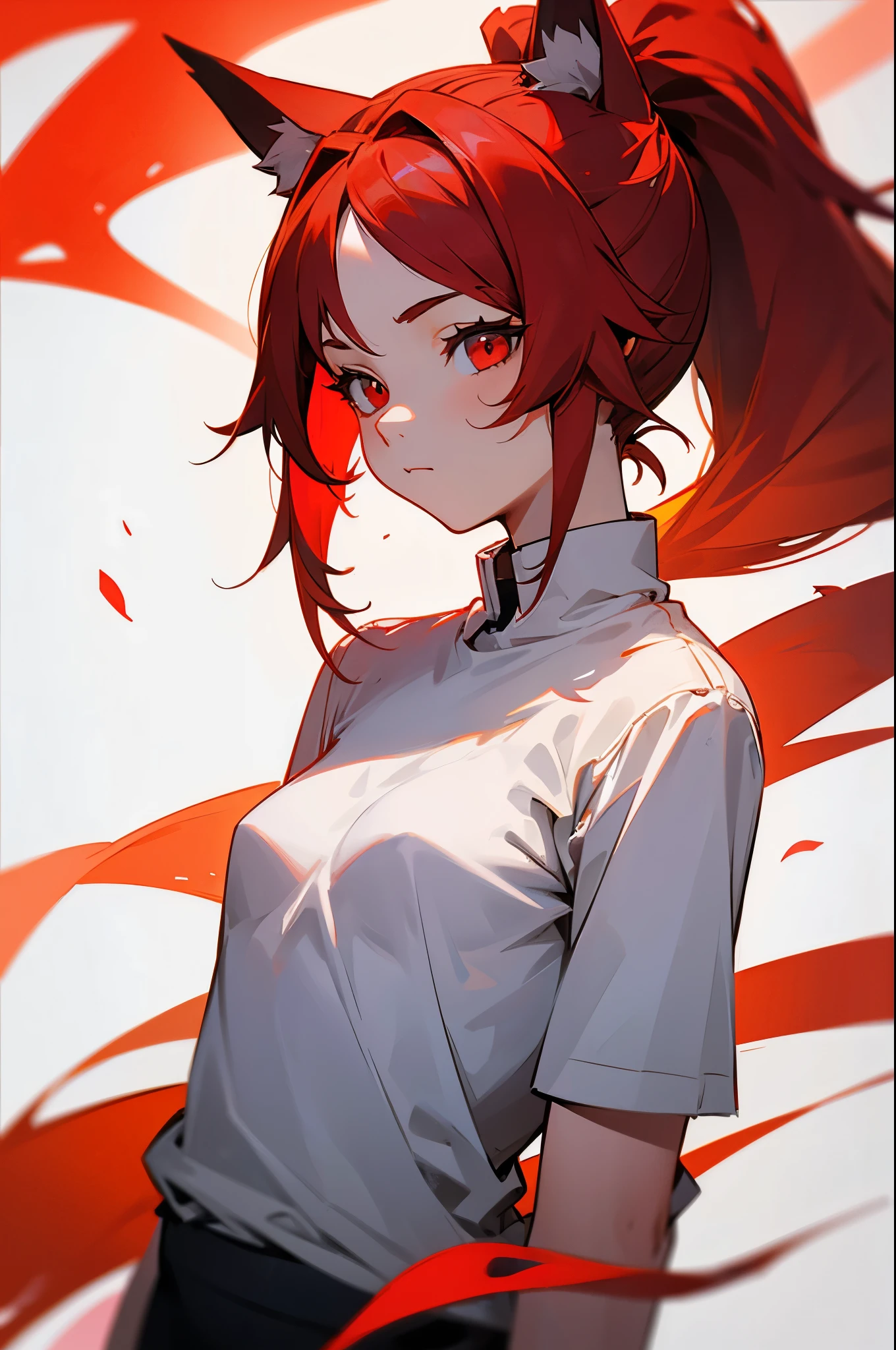 1girl, solo, small breasts, white shirt, red hair, fox ears, ponytail, standing, (upper body), forest, red eyes, closed mouth, age, long hair