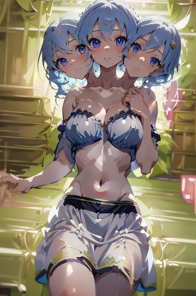 (masterpiece, best quality), best quality, (ultra-detailed), (3heads:1.5), 1girl, (merlin prismriver:1.3), masterpiece, best quality, ultra qaulity, ultra resolution, ultra detail, pink top, crop top, ((stomach)), midriff, ((groin)), pink skirt, normal ears, shackles, wavy light-blue hair, very long hair, wavy hair, sidelocks, blue eyes, detailed eyes, parted lips, sweat, cute, toned belly, hand on own chest, eyelashes, (24 year old woman:1.3), (masterpiece:1.5), (best quality:1.5), (beautiful detailed), extremely detailed CG, extremely delicate and beautiful, depth of field, (finely detailed face), (perfect details:1.2), (mature female:1.3), wide pelvis, slender, large veiny breast, 16k resolution, highres, high quality, high definition, extremely detailed, masterpiece, wavy light-blue hair, long hair, alluring presence, braid, short skirt, close up, big tits, young, blue sun decoration,