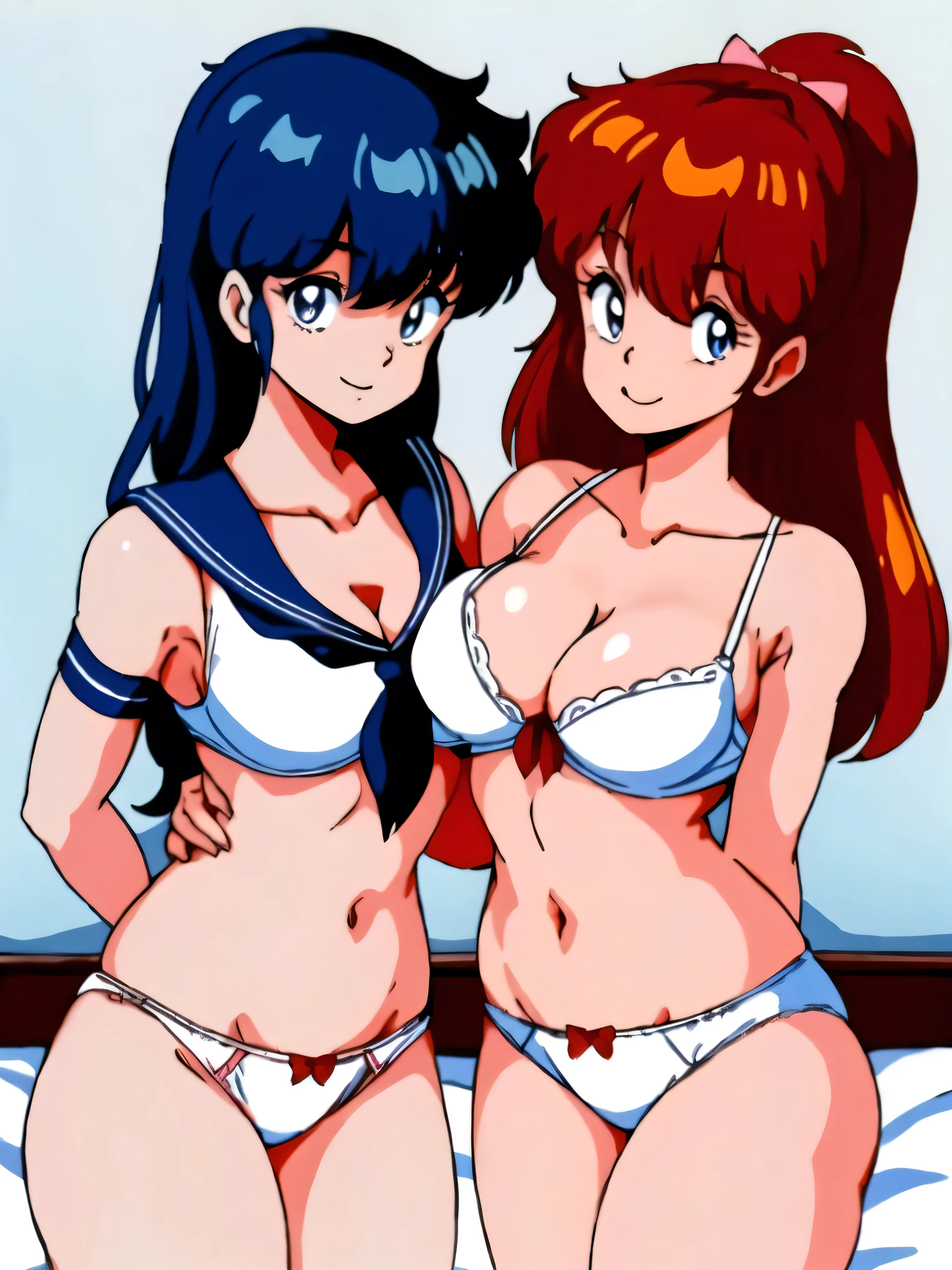 (room, Bedroom), 2People Girls, (Embrace each other, Face), looking at the camera, highest quality, 8K, High resolution, Crisp animation quality, (Perfect Face, Detailed face), (miki), Are standing, Blue eyes, (Fine grain:1.3, Detailed and high resolution), (Shortcut hair, dark blue hair), smile, Blushing, (serafuku:1.2), (Large Breasts:1.2), (White bra:1.5, Sexy), (Beautiful cleavage:1.2), Navy blue mini skirt, (White panties are visible:1.4, Sexy), highest quality, 8K, High resolution, Crisp animation quality, (Perfect Face, Detailed face),(erika), Are standing, Blue eyes, (Fine grain:1.3, Detailed and high resolution), (Long hair, Red Hair), smile, pink headband, (serafuku:1.2), (Large Breasts:1.2), (White bra:1.5, Sexy), (Beautiful cleavage:1.2), Navy blue mini skirt, (White panties are visible:1.4, Sexy),highest quality, 8K, High resolution, Crisp animation quality,
